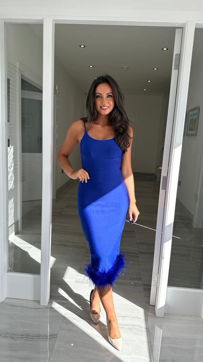 Cobalt Blue Feather Hem Bandage Dress  Kirsty's Kloset