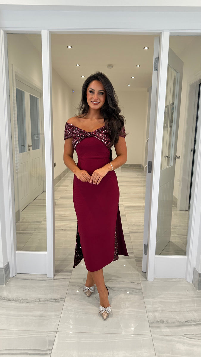 Burgundy Bardot Sequin Bandage Dress with Trail – Kirsty’s Kloset