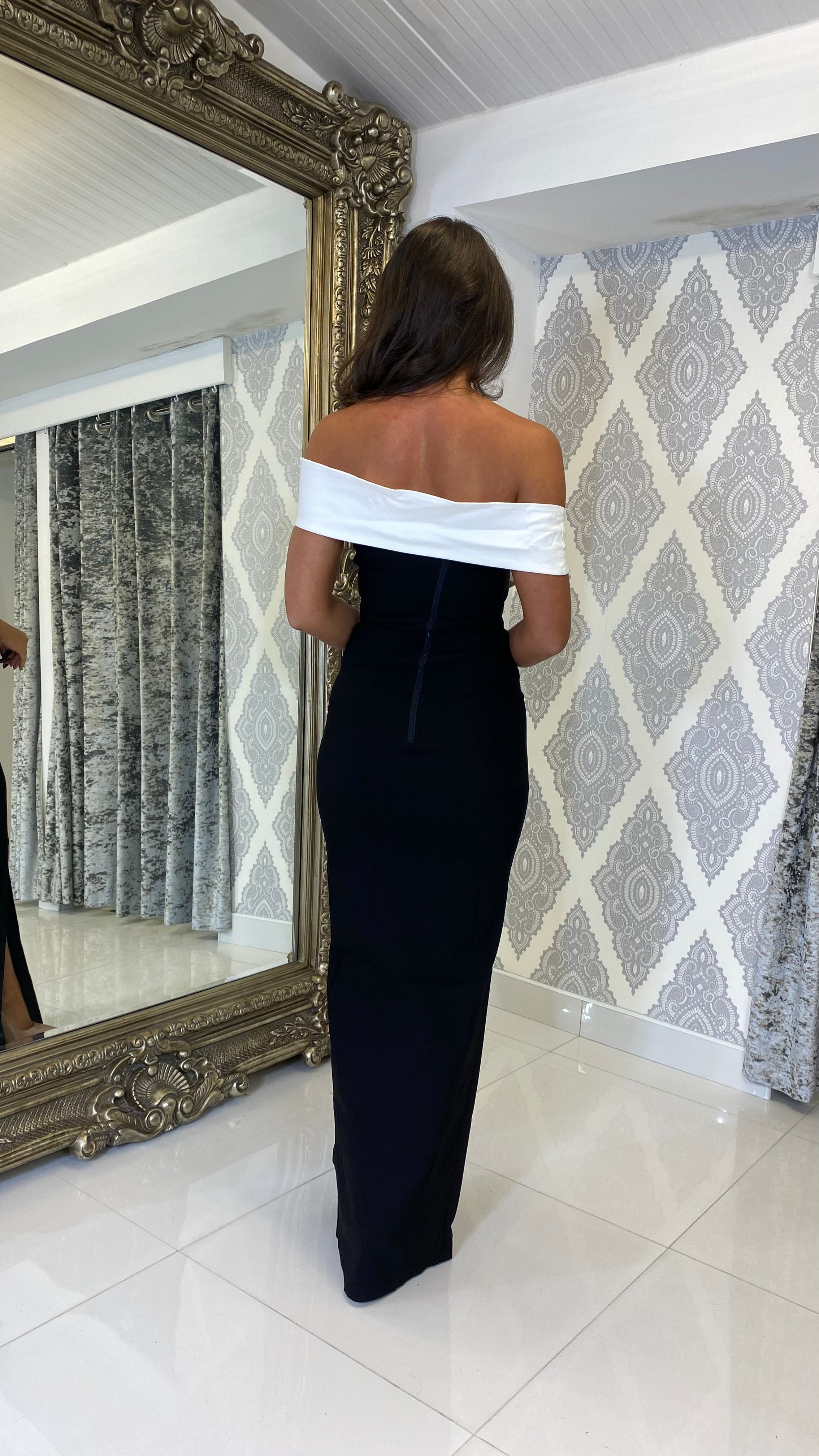Monochrome Bardot Black and White Maxi Dress Kirsty's Kloset Monochrome Bardot Black and White Maxi Dress Kirsty's Kloset