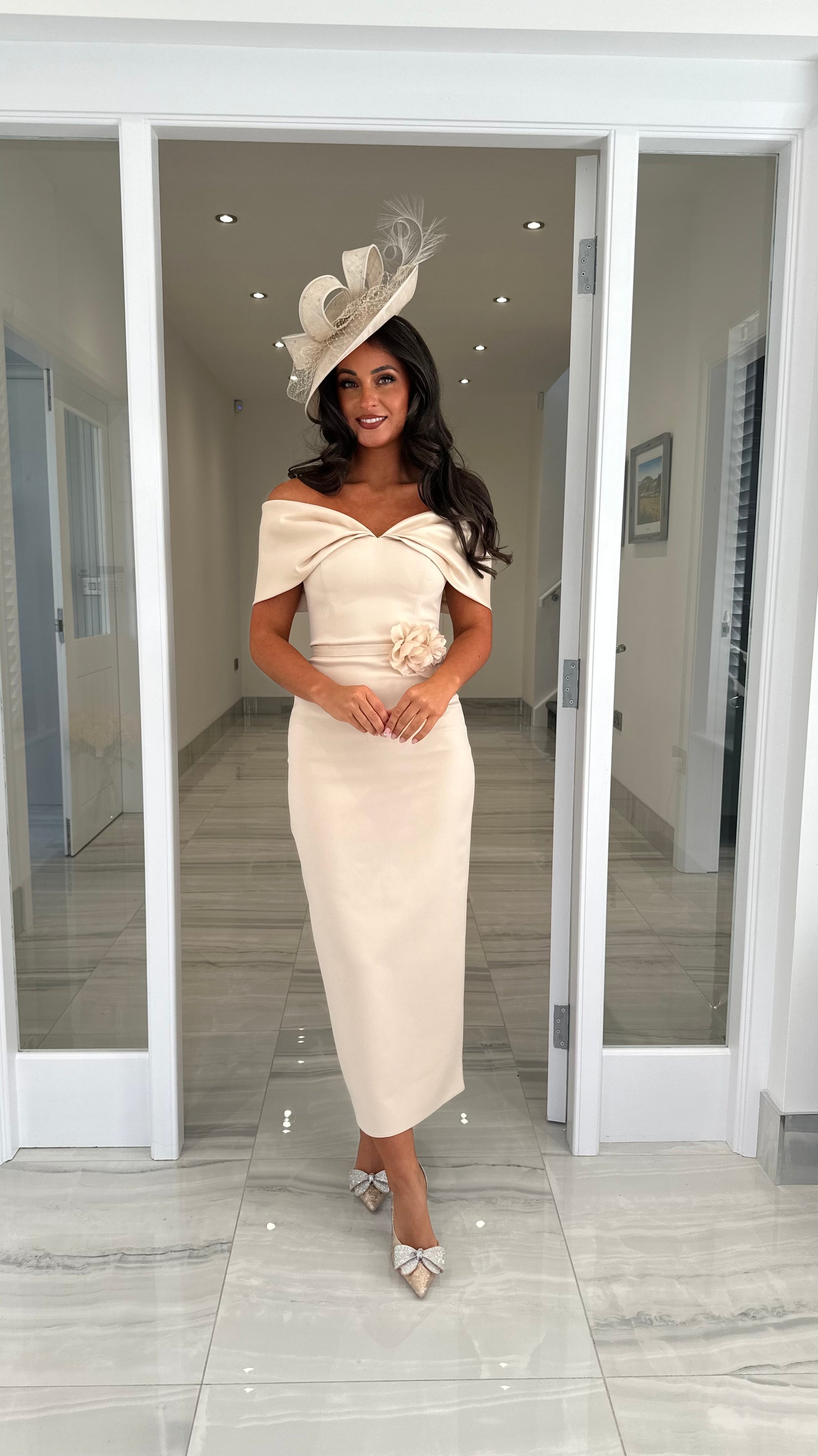 Premium Champagne Bardot Midi Dress Kirsty's Kloset Premium Champagne Bardot Midi Dress Kirsty's Kloset
