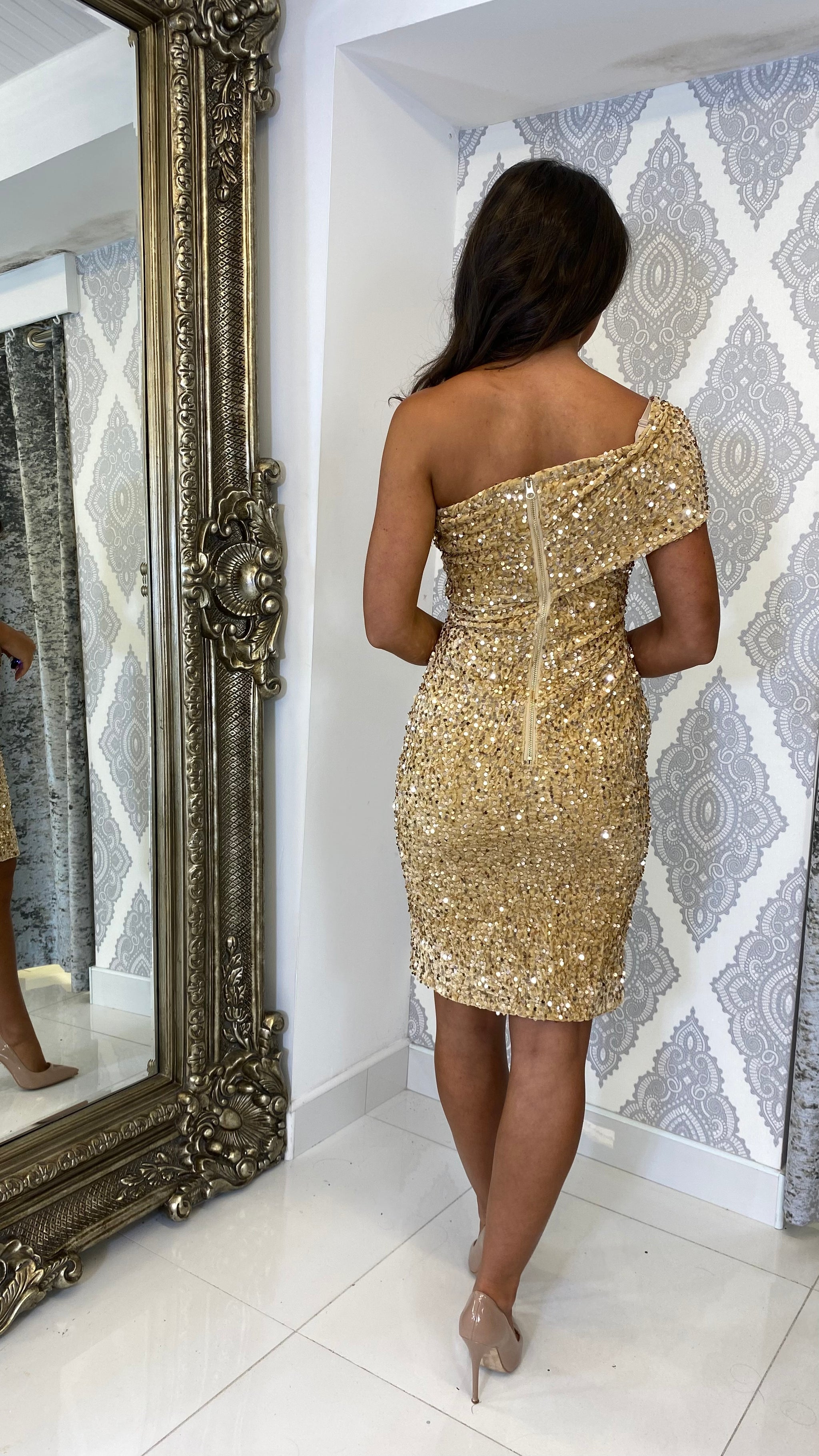 gold knee length dress Satin Strapless Ball Gowns Prom Dresses Evening As Picture Gold Sequin One Shoulder Knee