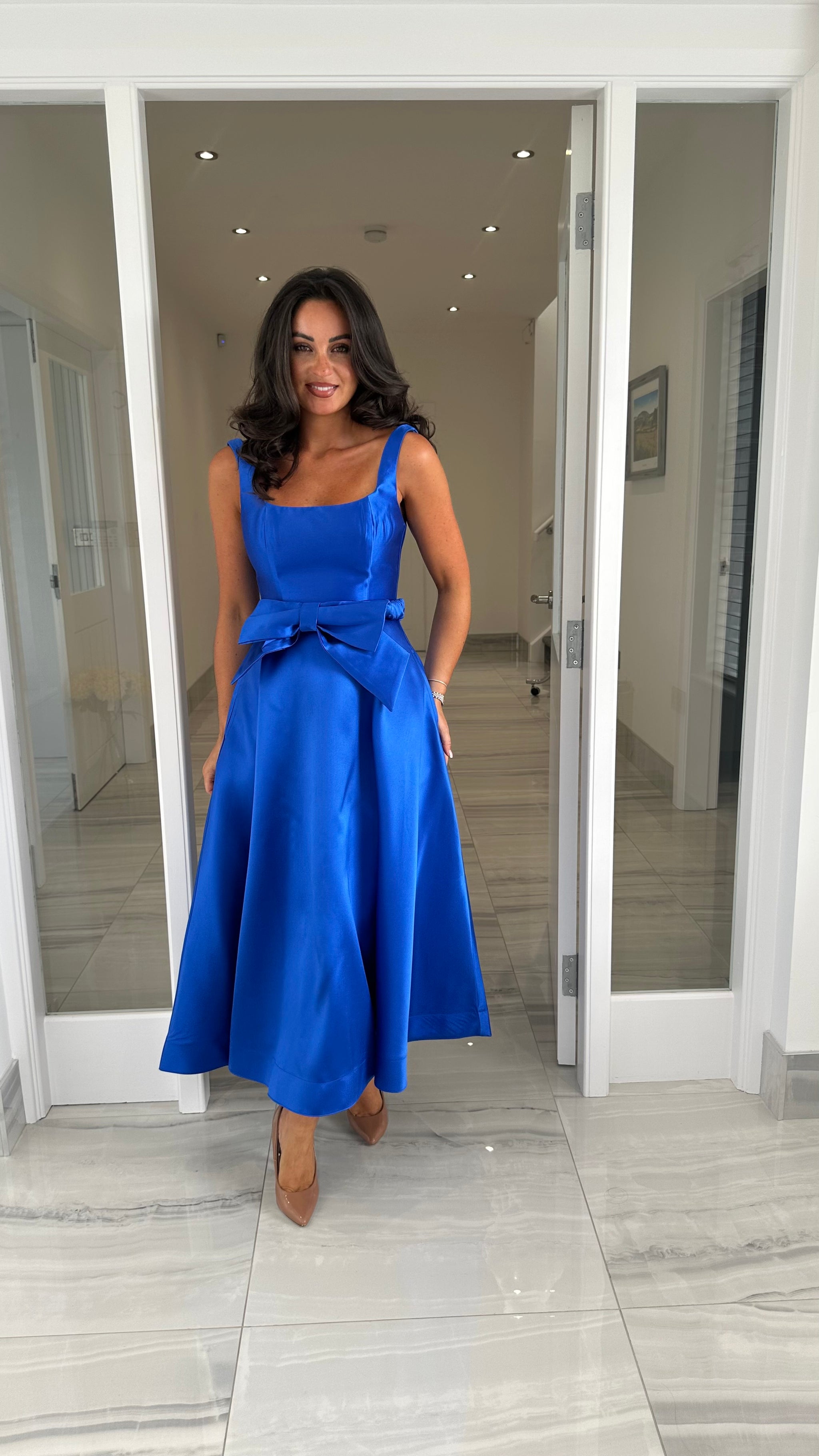 cobalt blue skater dress Cobalt Blue Satin Skater Dress with Bow Belt – Kirsty's Kloset