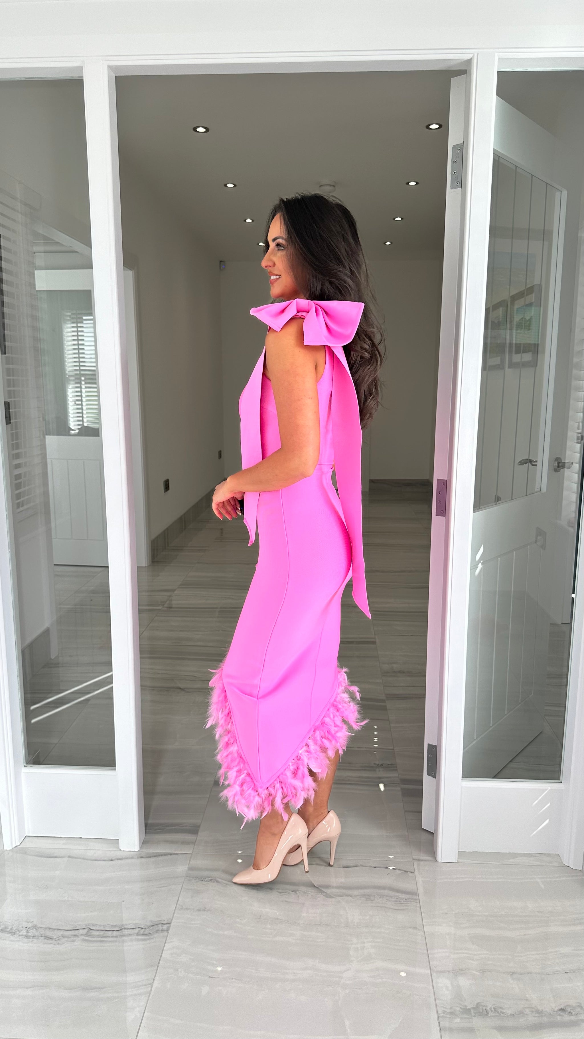 Candy Pink Bow Shoulder Feather Hem Bandage Dress Kirsty's Kloset Candy Pink Bow Shoulder Feather Hem Bandage Dress Kirsty's Kloset