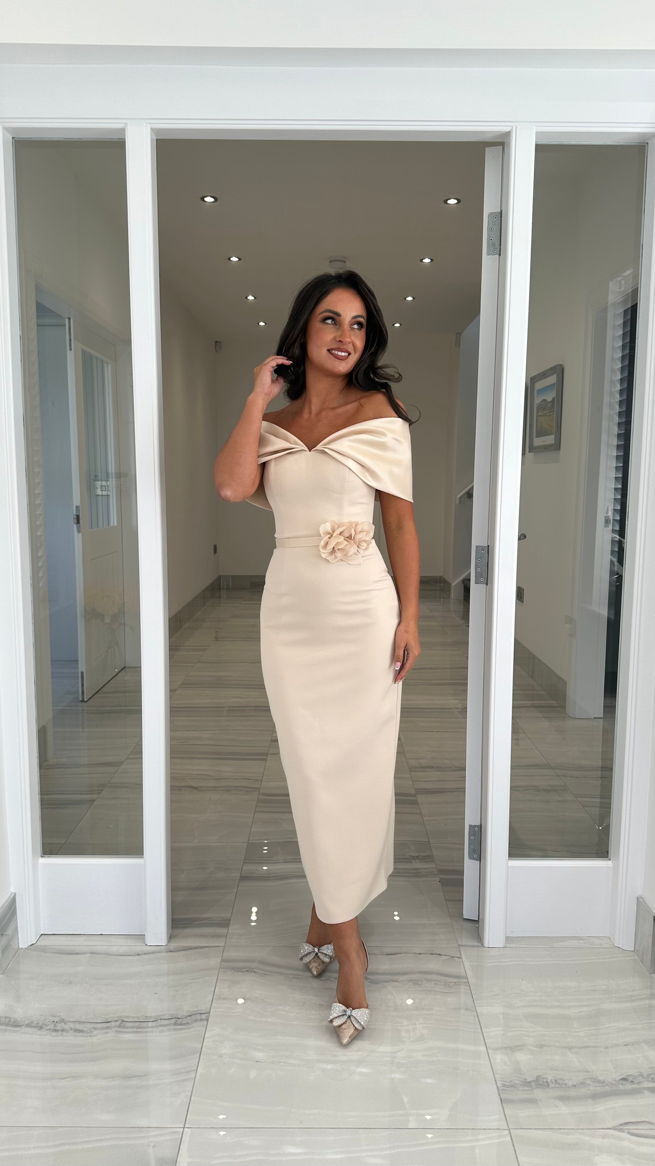 Premium Champagne Bardot Midi Dress Kirsty's Kloset Premium Champagne Bardot Midi Dress Kirsty's Kloset