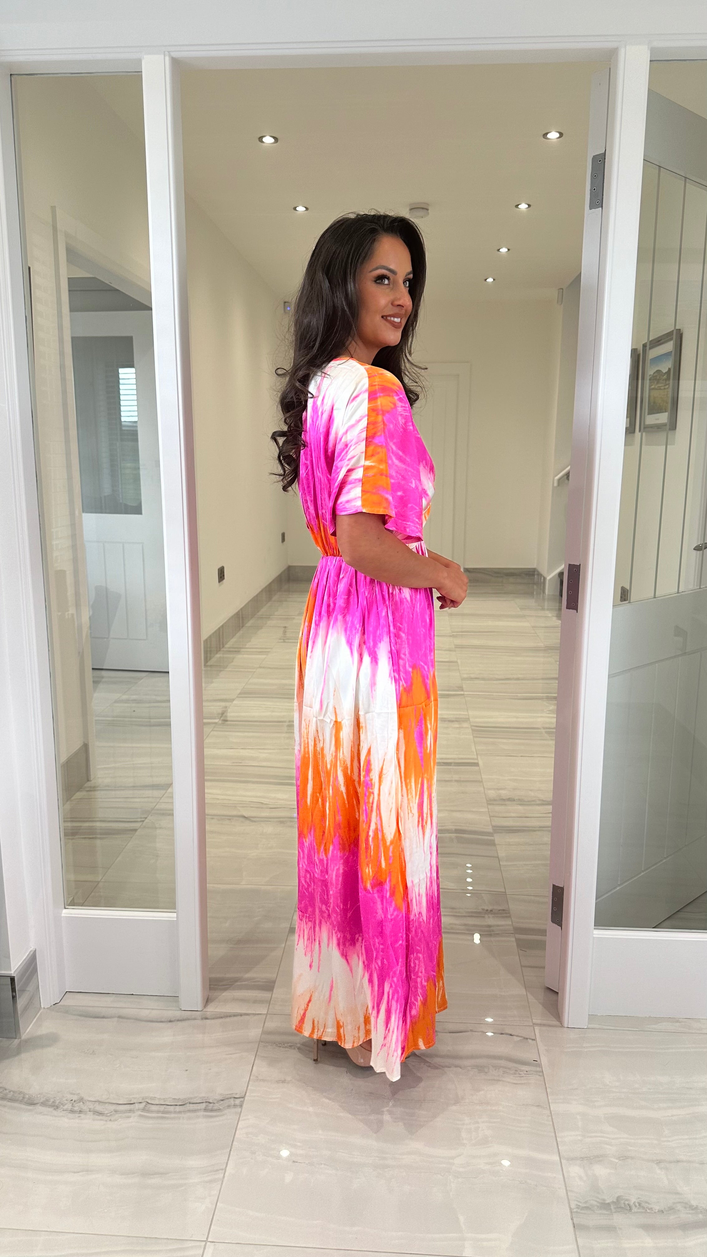 pink tie dye maxi dress Silk T-Strap Maxi Dress