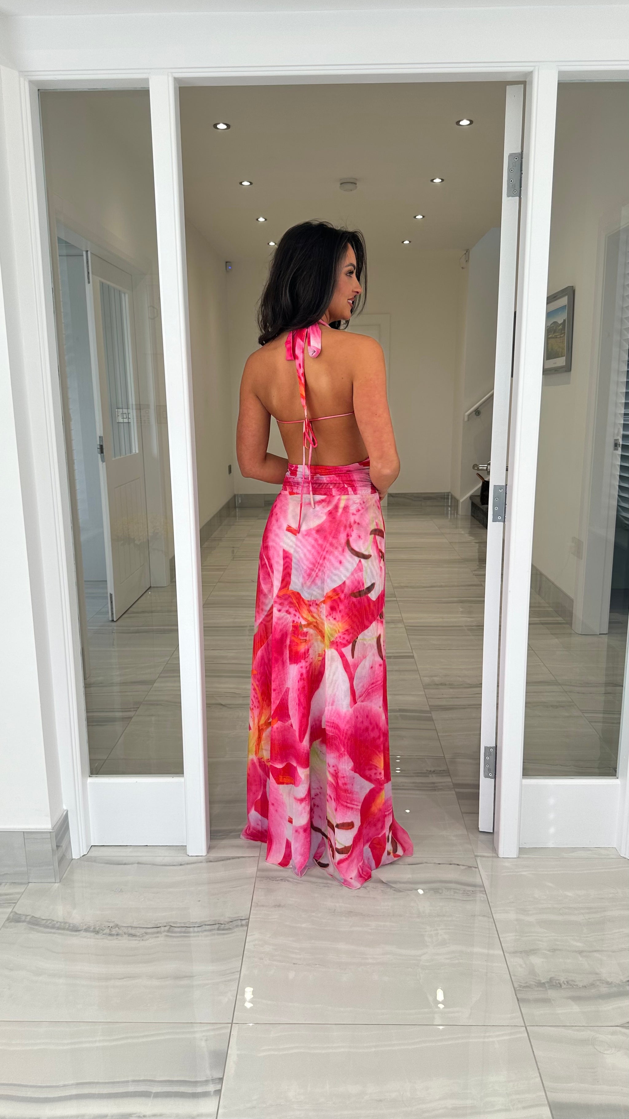 Pink Floral Backless Maxi Dress