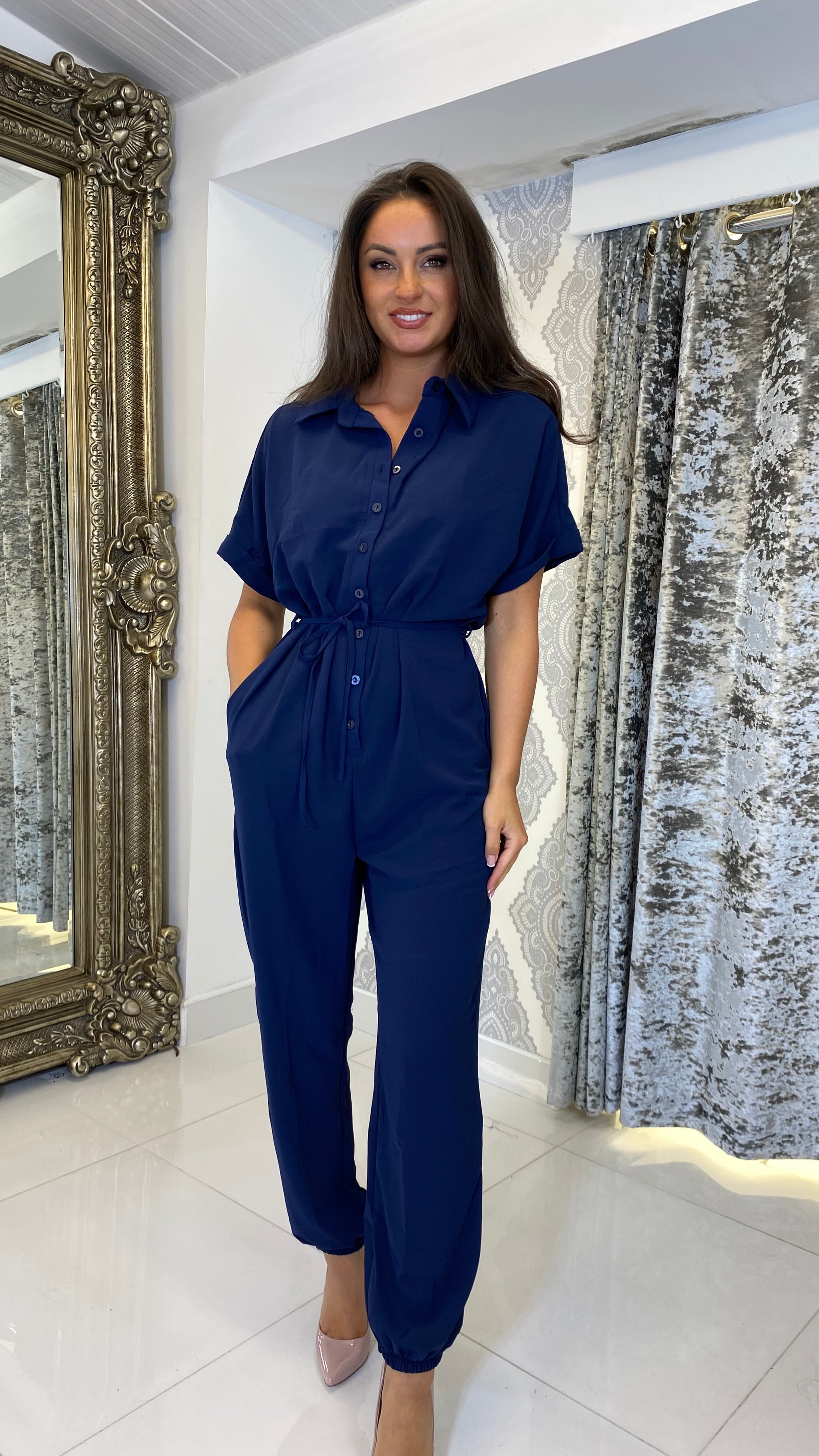 Royal blue jumpsuit with feather cape sleeves - Le Merge