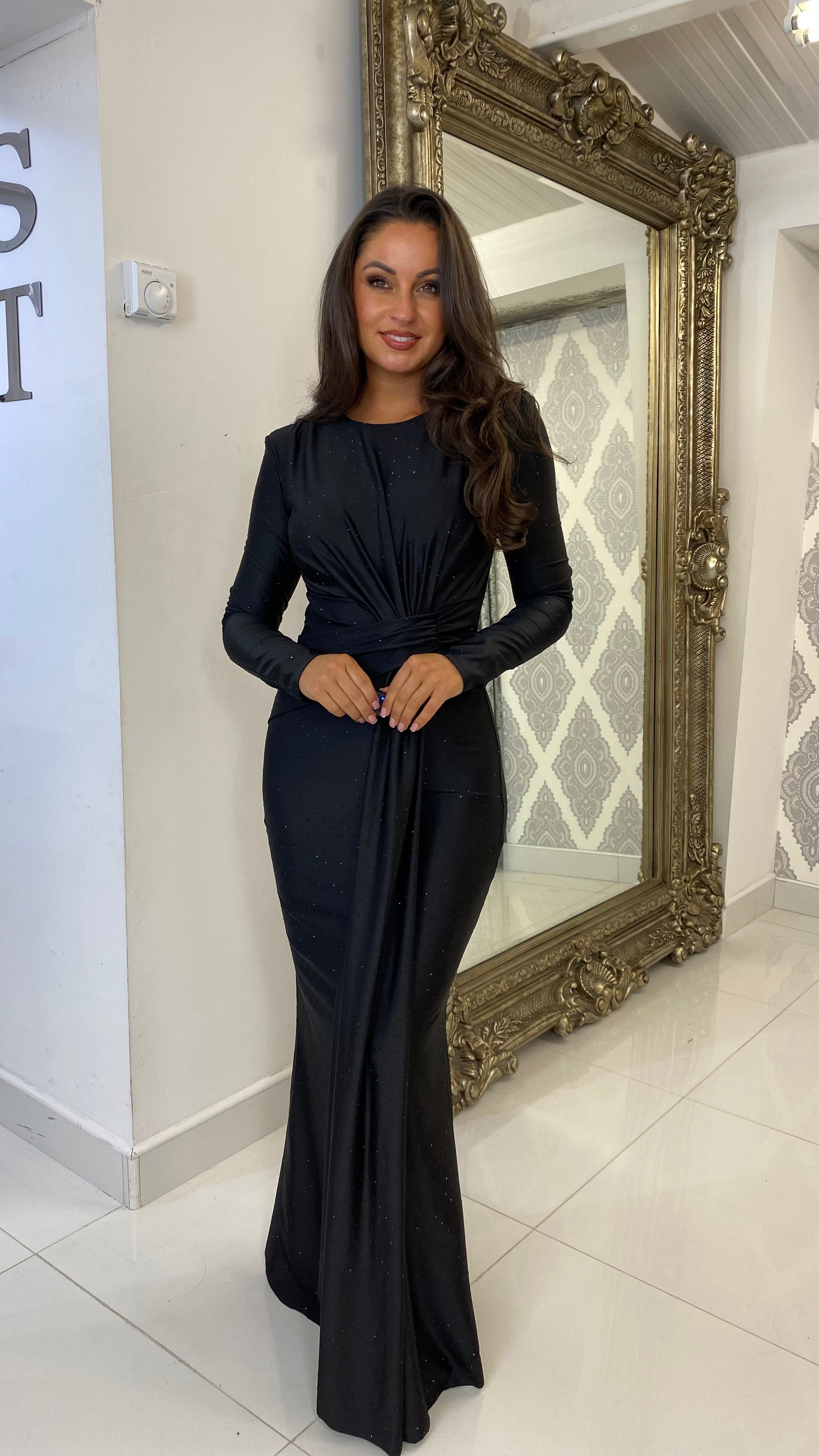 Black Maxi Long Sleeve Rhinestone Dress Kirsty's Kloset Black Maxi Long Sleeve Rhinestone Dress Kirsty's Kloset
