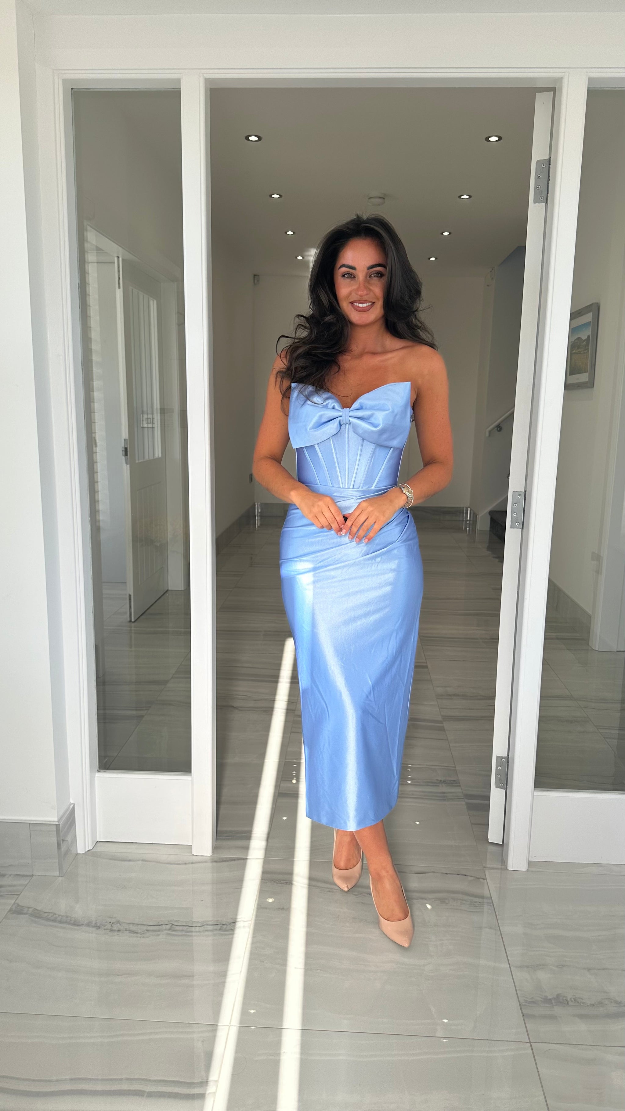 Light Blue Bow Front Satin Midi Dress – Kirsty's Kloset