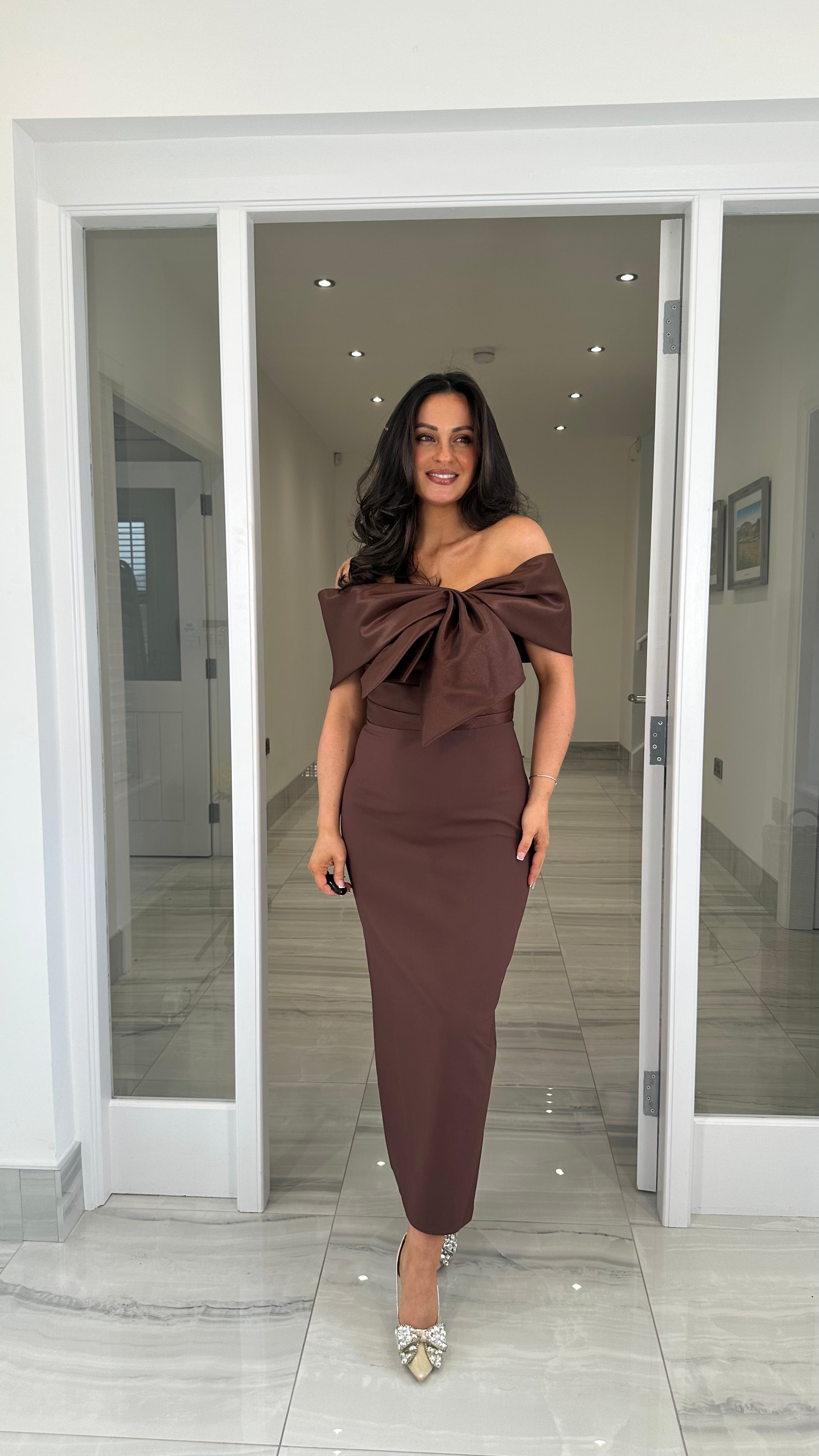 Premium Brown Bow Front Midi Dress – Kirsty's Kloset Premium Brown Bow Front Midi Dress – Kirsty's Kloset