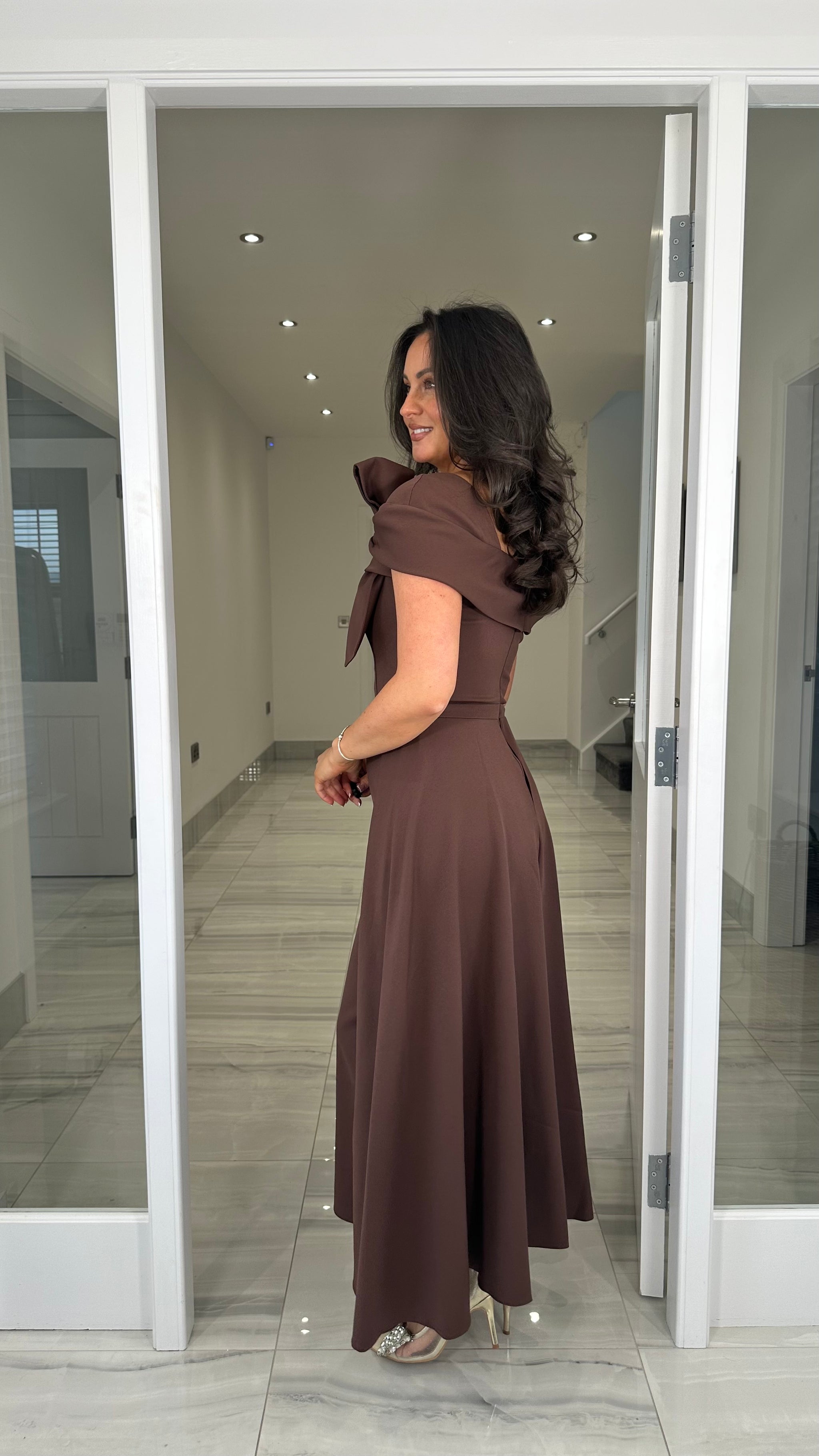 Premium Collection Brown Bardot Fitted/Skater Skirt Dress – Kirsty's Kloset