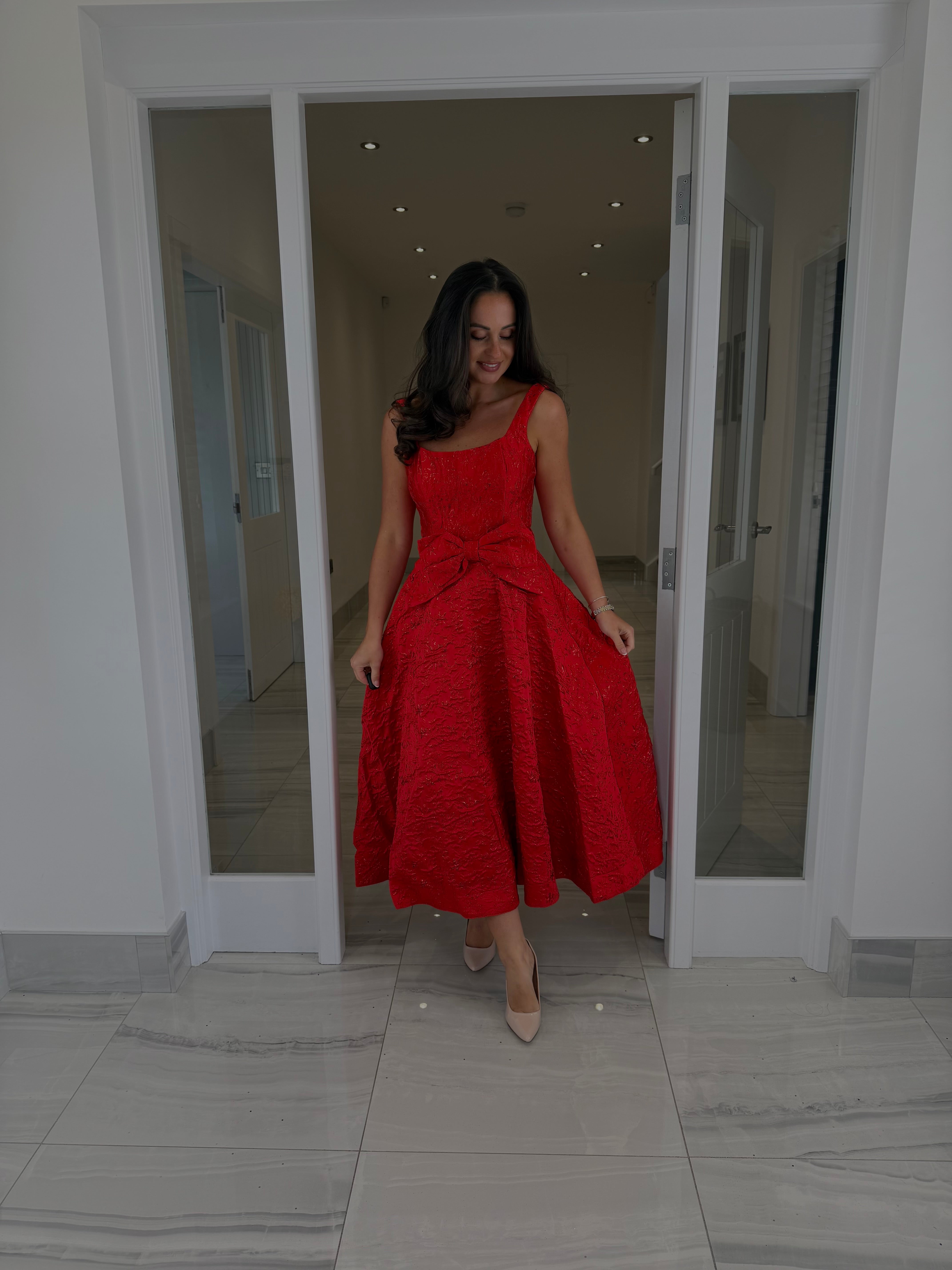 red skater dress Red Skater Dress with Bow Belt – Kirsty's Kloset