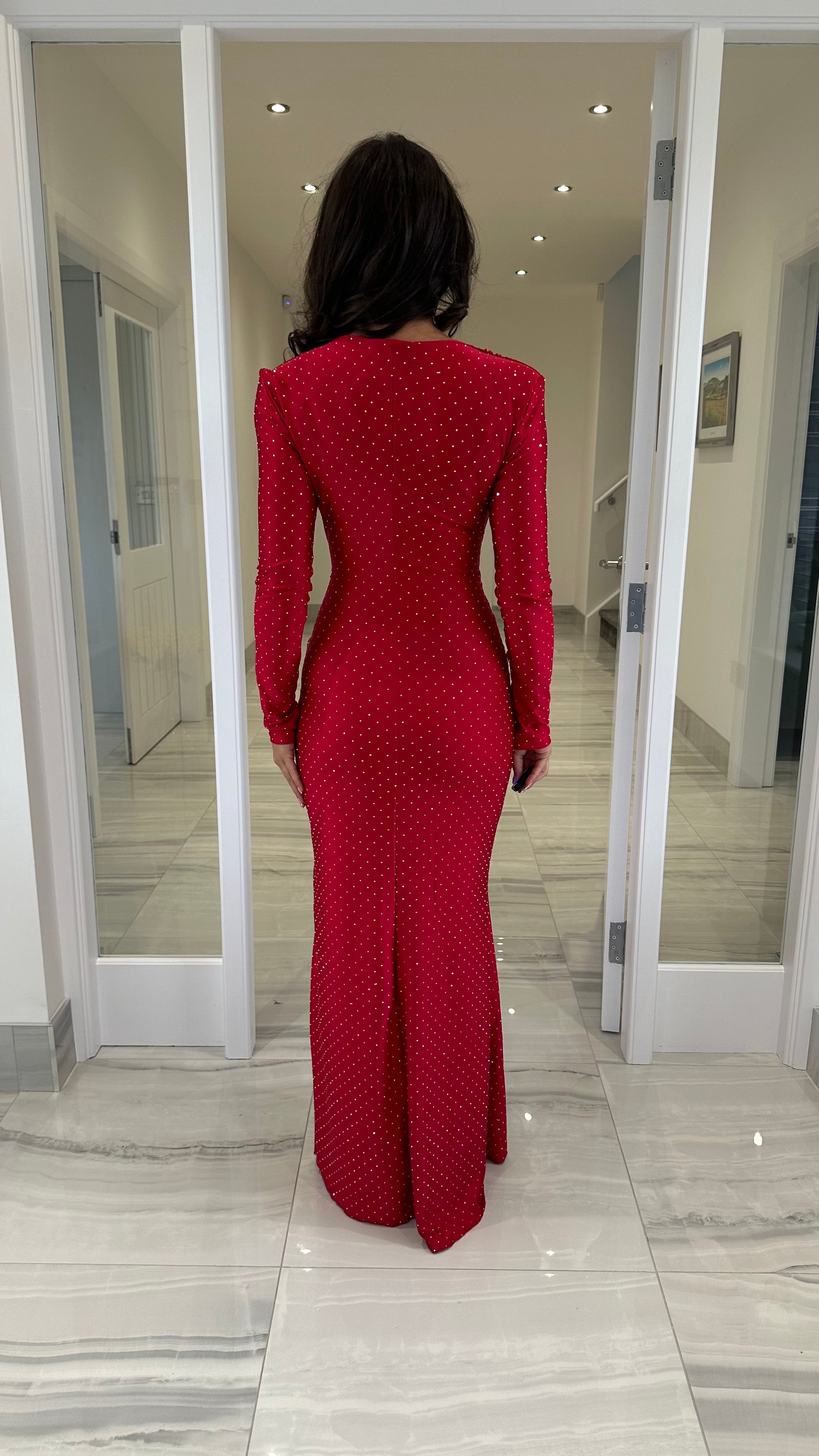 Red Maxi Long Sleeve Rhinestone Dress – Kirsty's Kloset