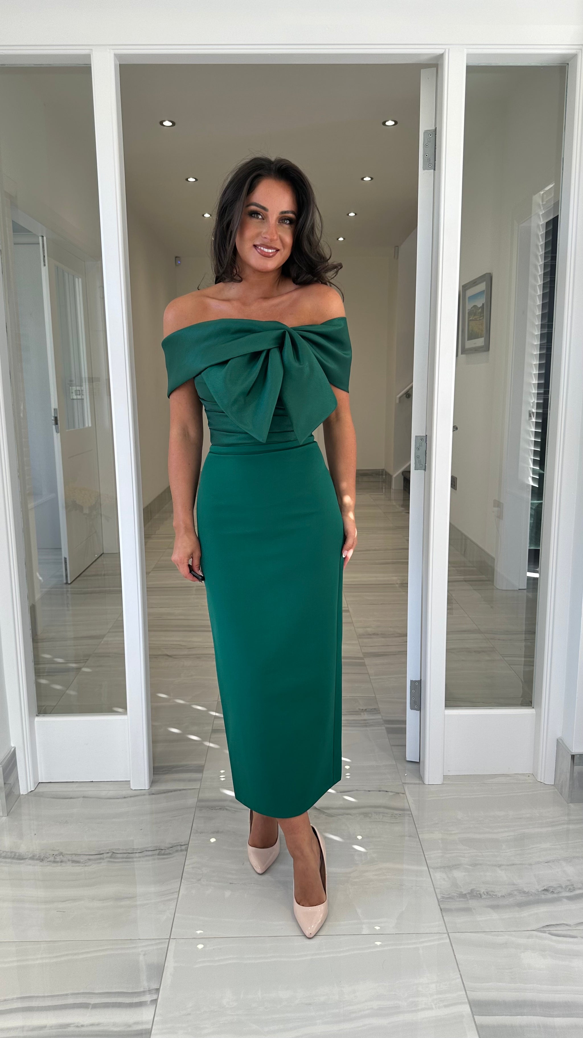 dark green bardot slinky ruched bodycon midaxi dress Marleen