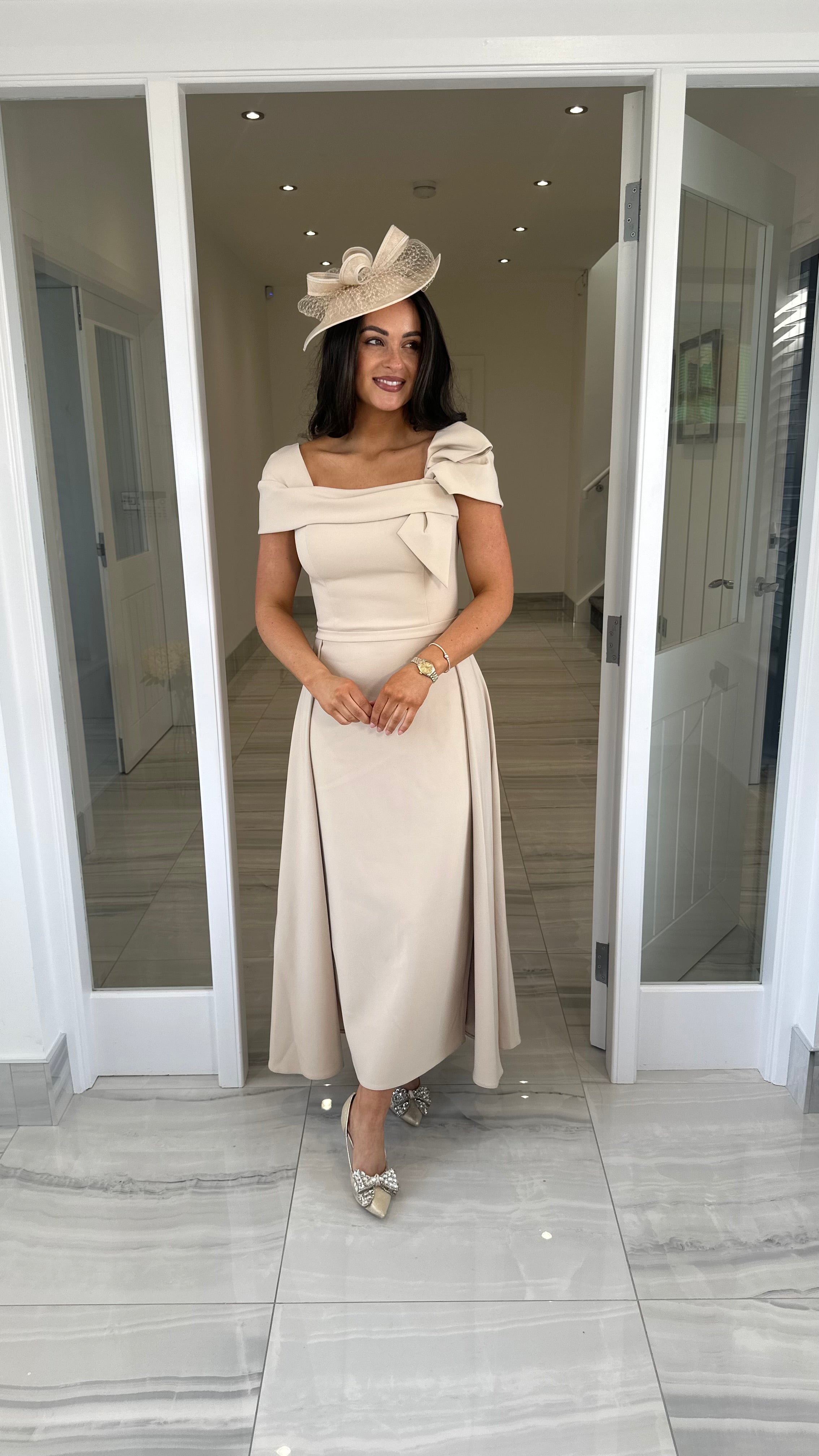 Premium Collection Champagne Bardot Fitted/Skater Skirt Dress
