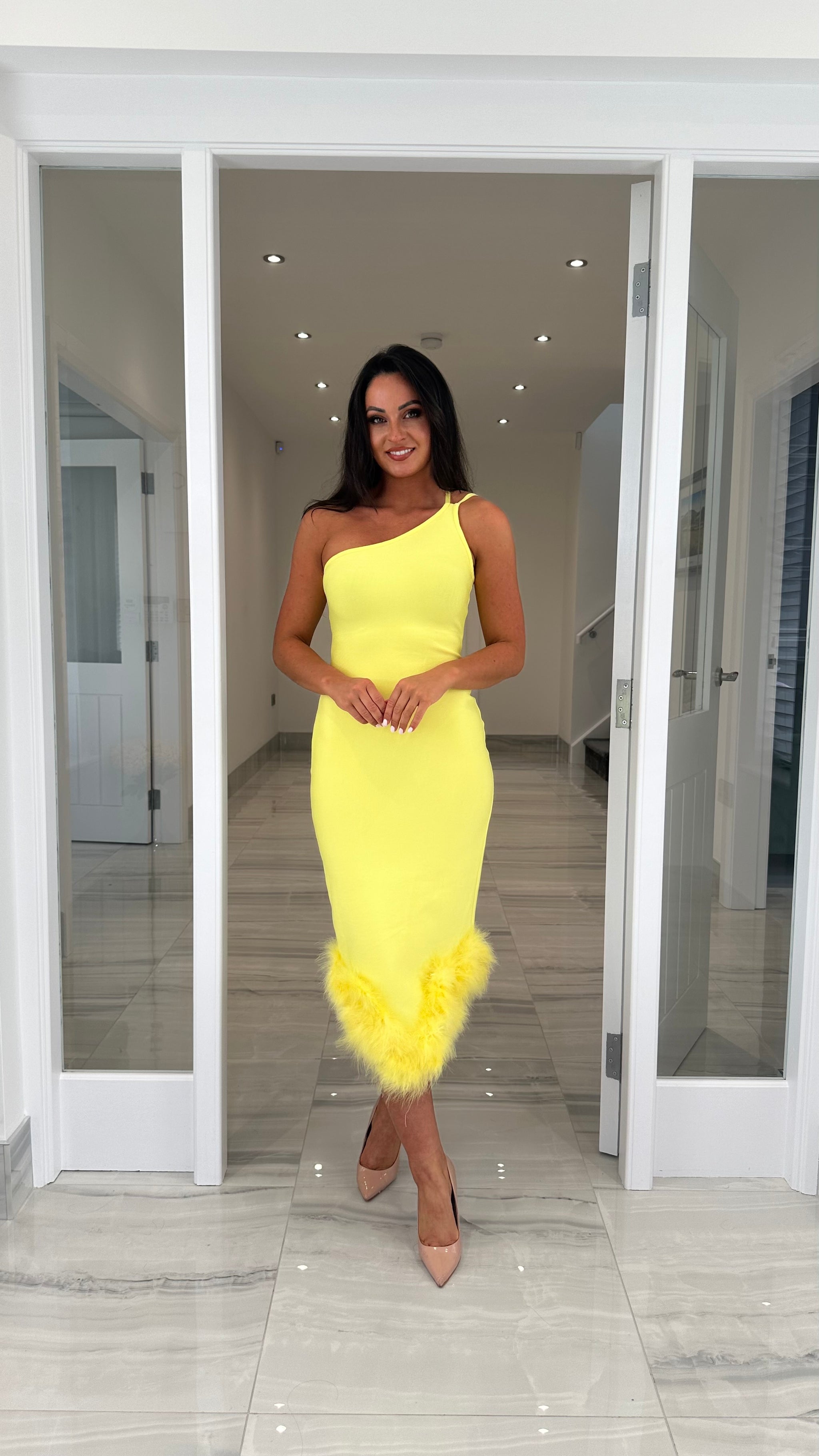 yellow feather dress Yellow One Shoulder Feather Hem Bandage Dress – Kirsty's Kloset