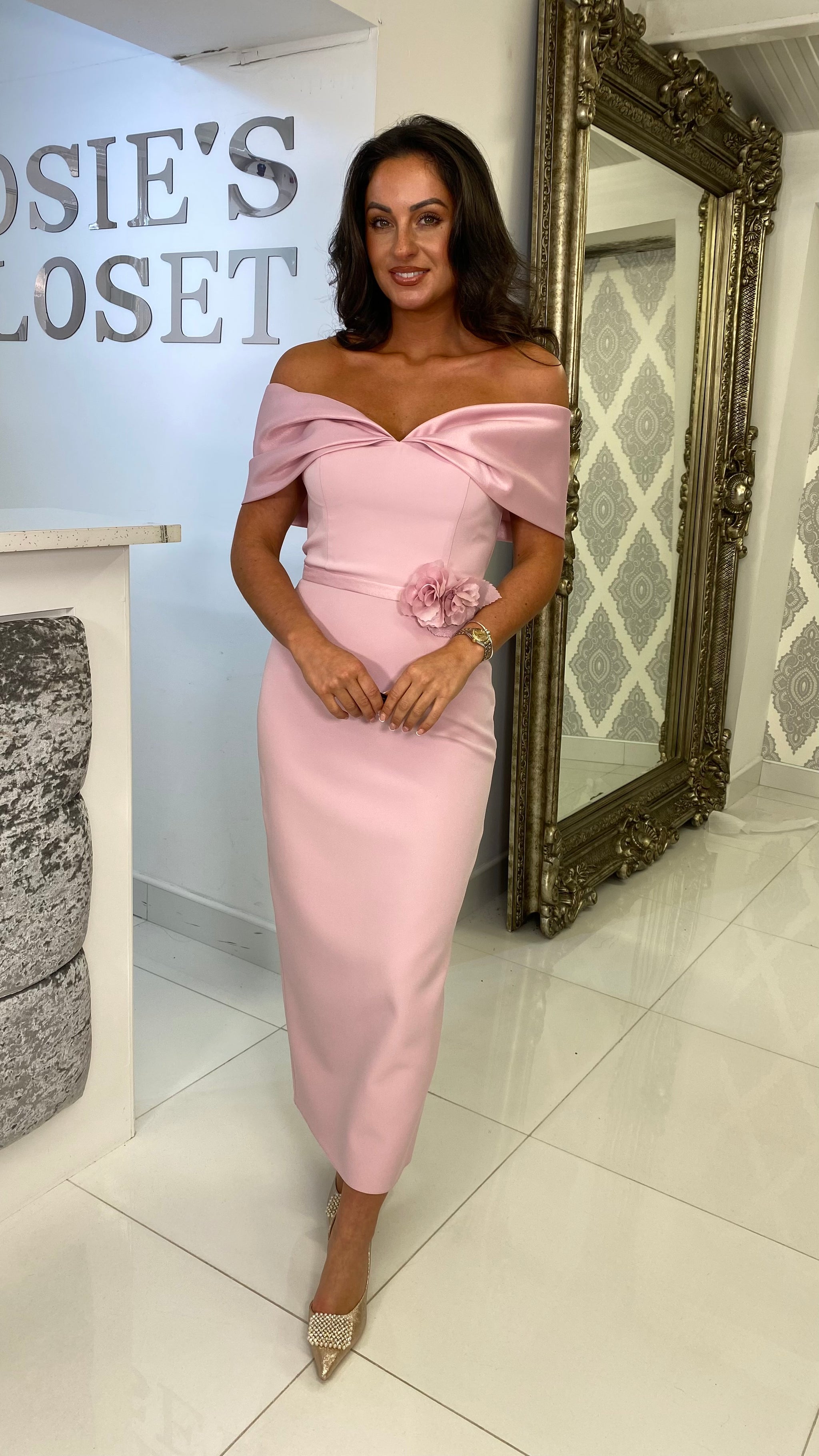 Premium Pink Bardot Midi Dress – Kirsty's Kloset
