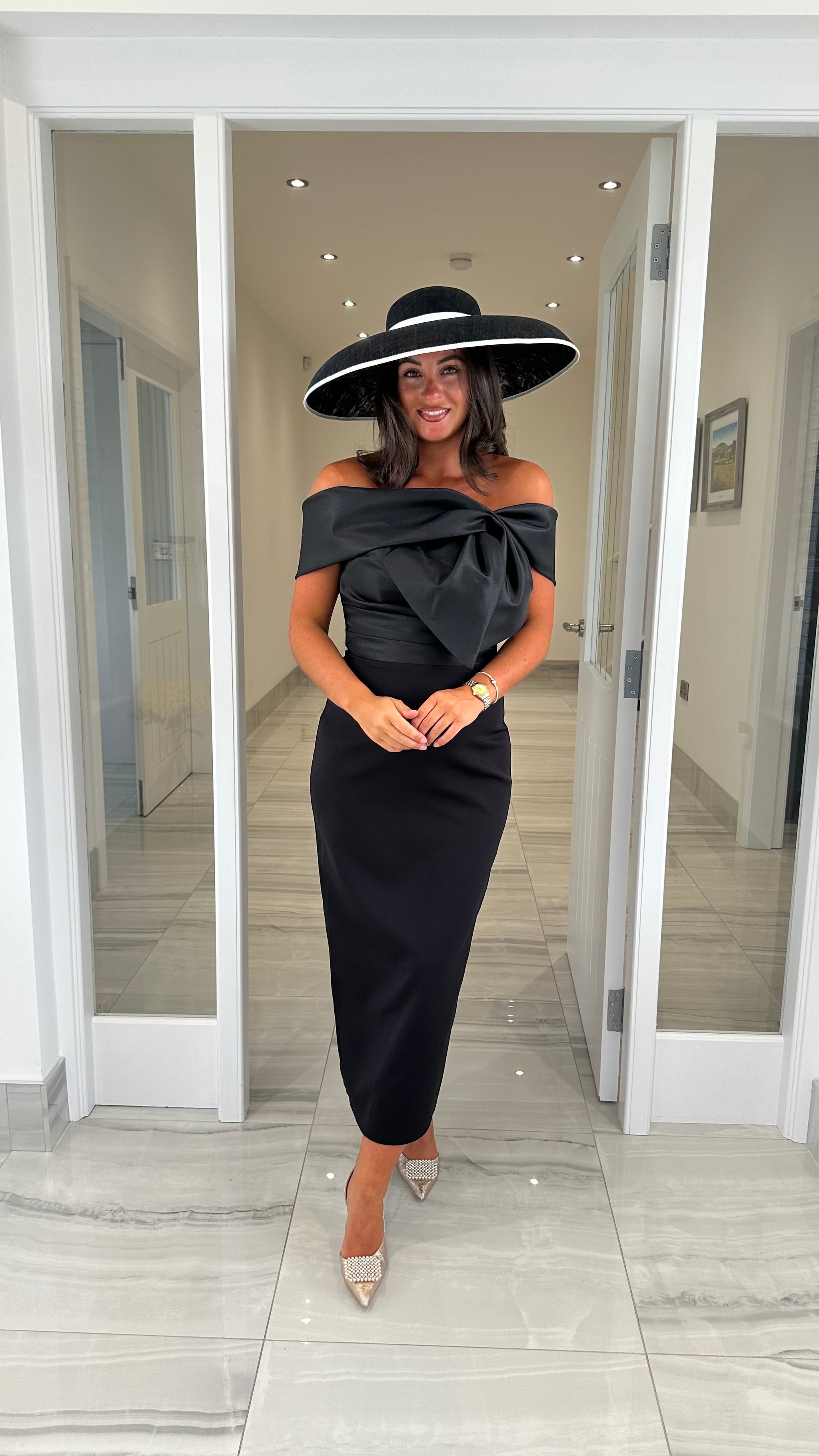 Premium Black Bow Front Midi Dress