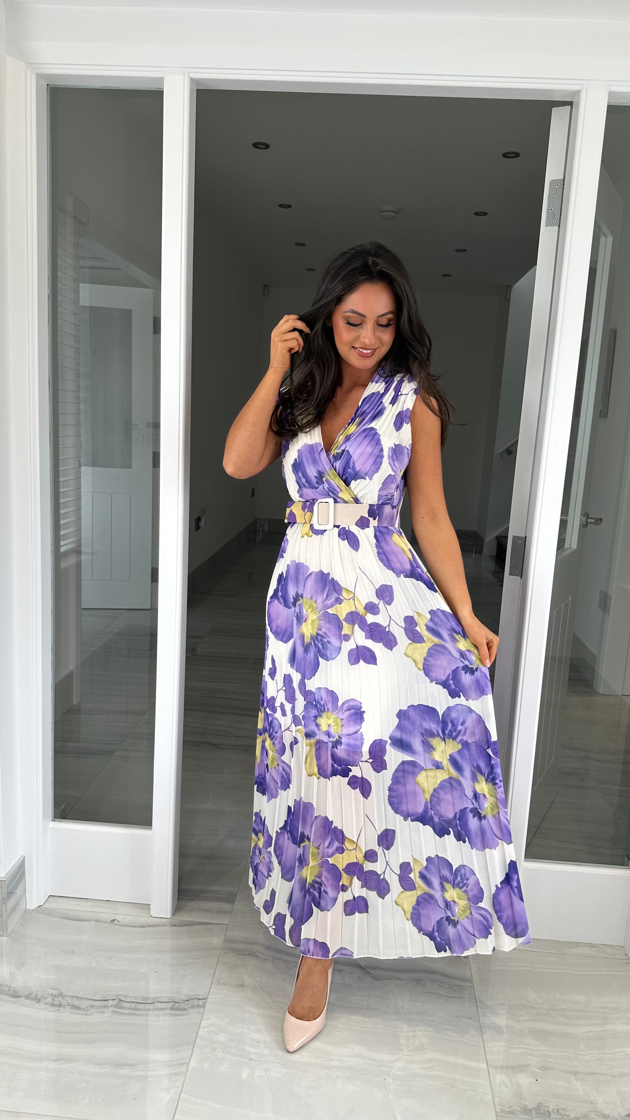 Purple Floral Belted Pleated Dress – Kirsty's Kloset