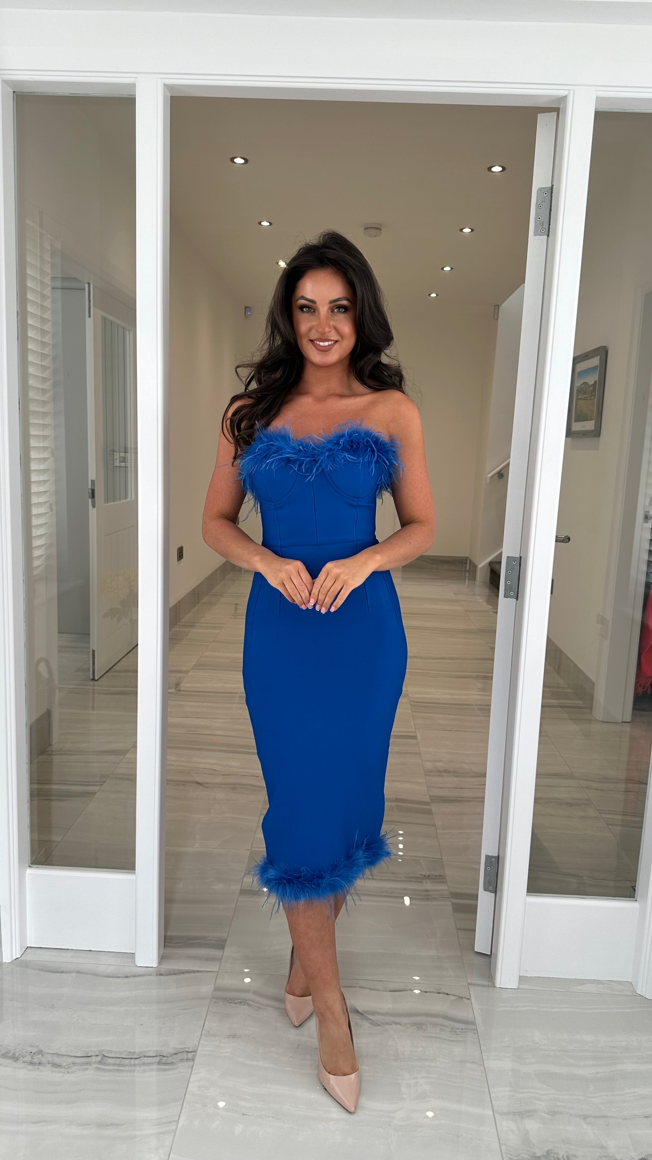 Cobalt Blue Feather Detail Bandage Midi Dress Kirsty's Kloset Cobalt Blue Feather Detail Bandage Midi Dress Kirsty's Kloset