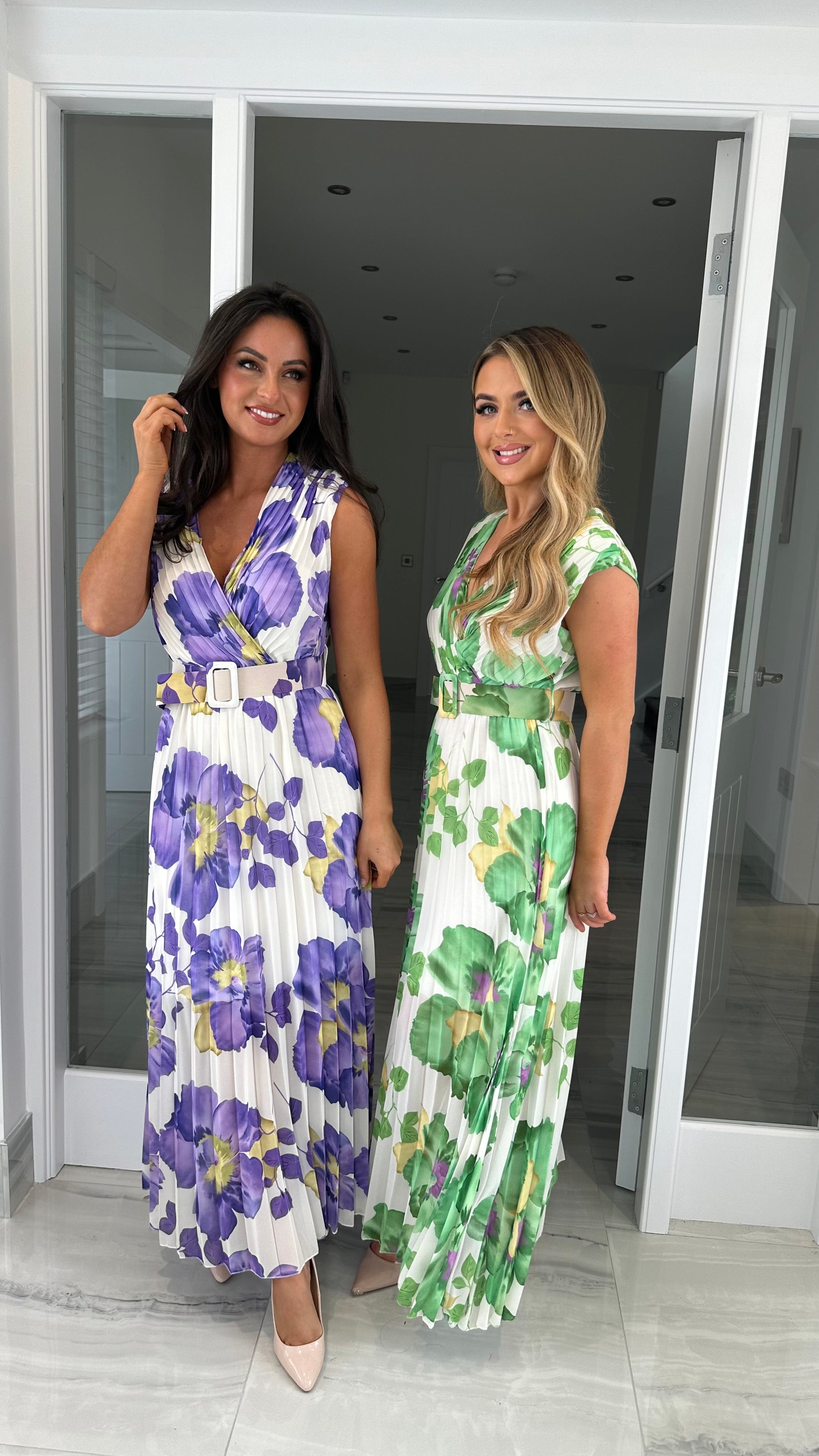 Purple Floral Belted Pleated Dress – Kirsty's Kloset