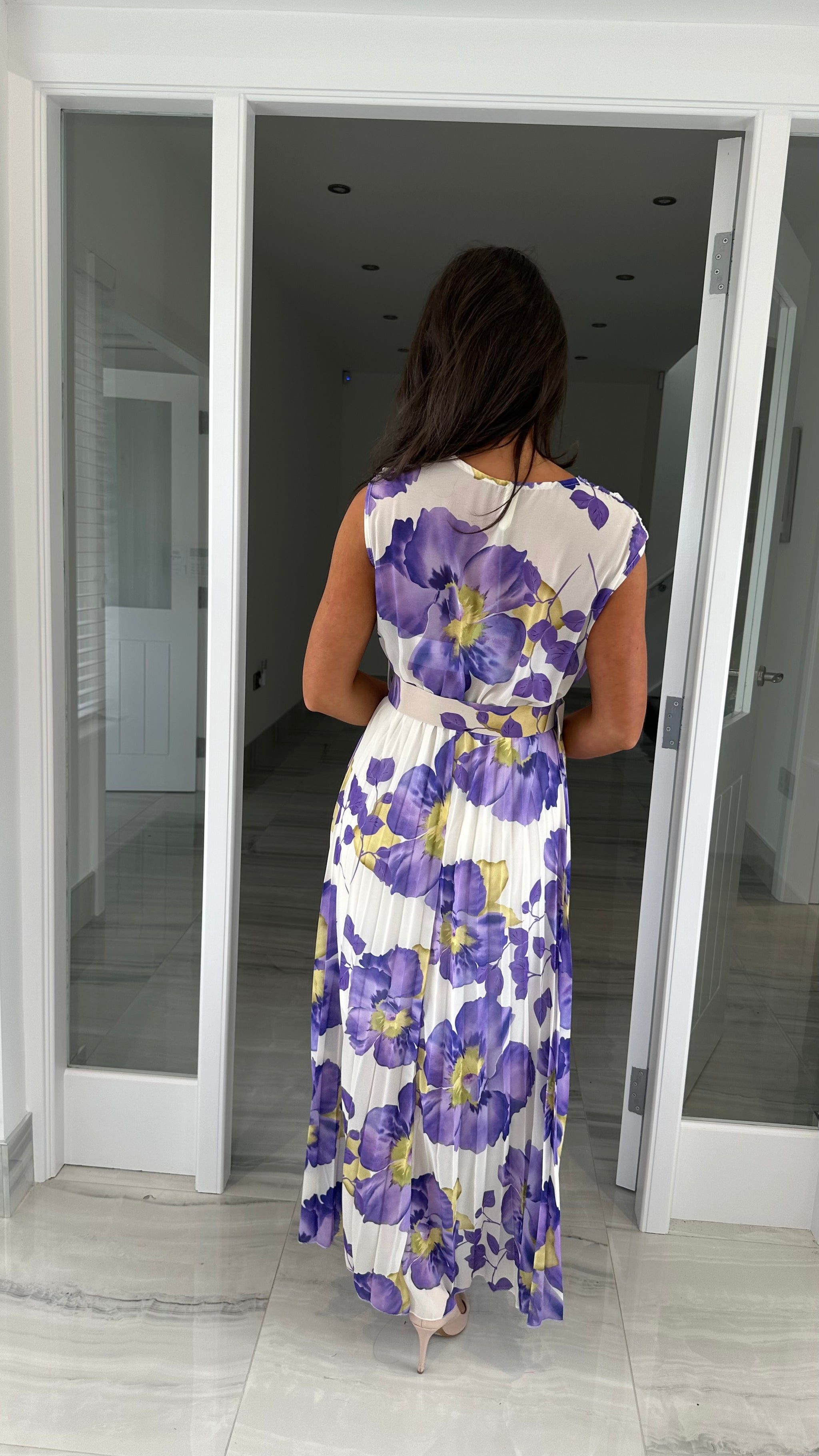 Purple Floral Belted Pleated Dress – Kirsty's Kloset