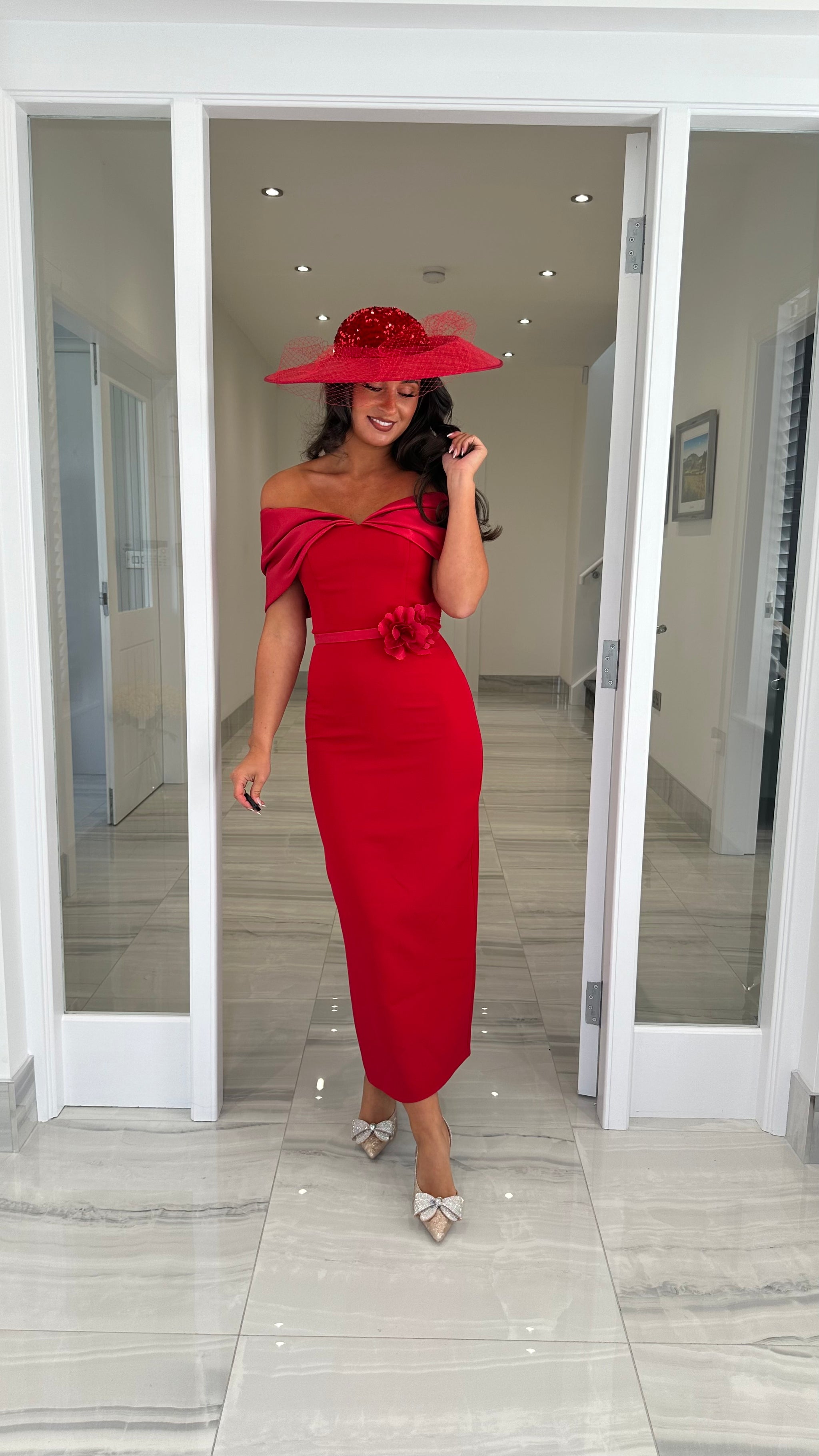 Premium Red Bardot Midi Dress