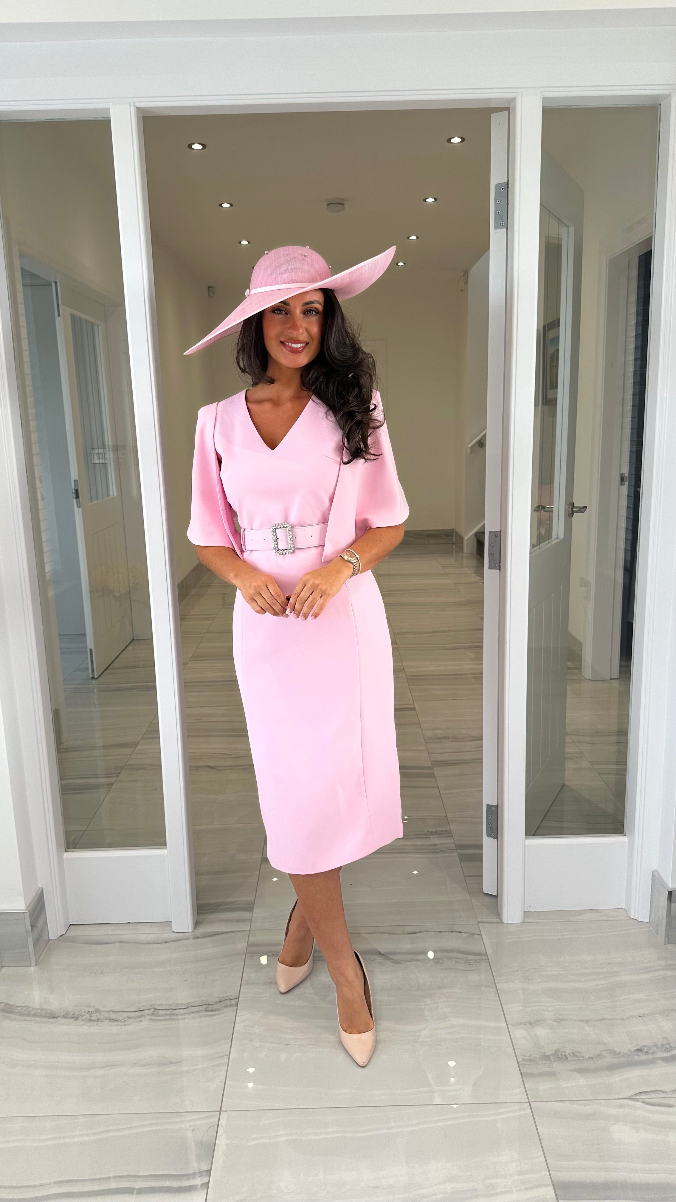Soft Pink Belted Cape Dress