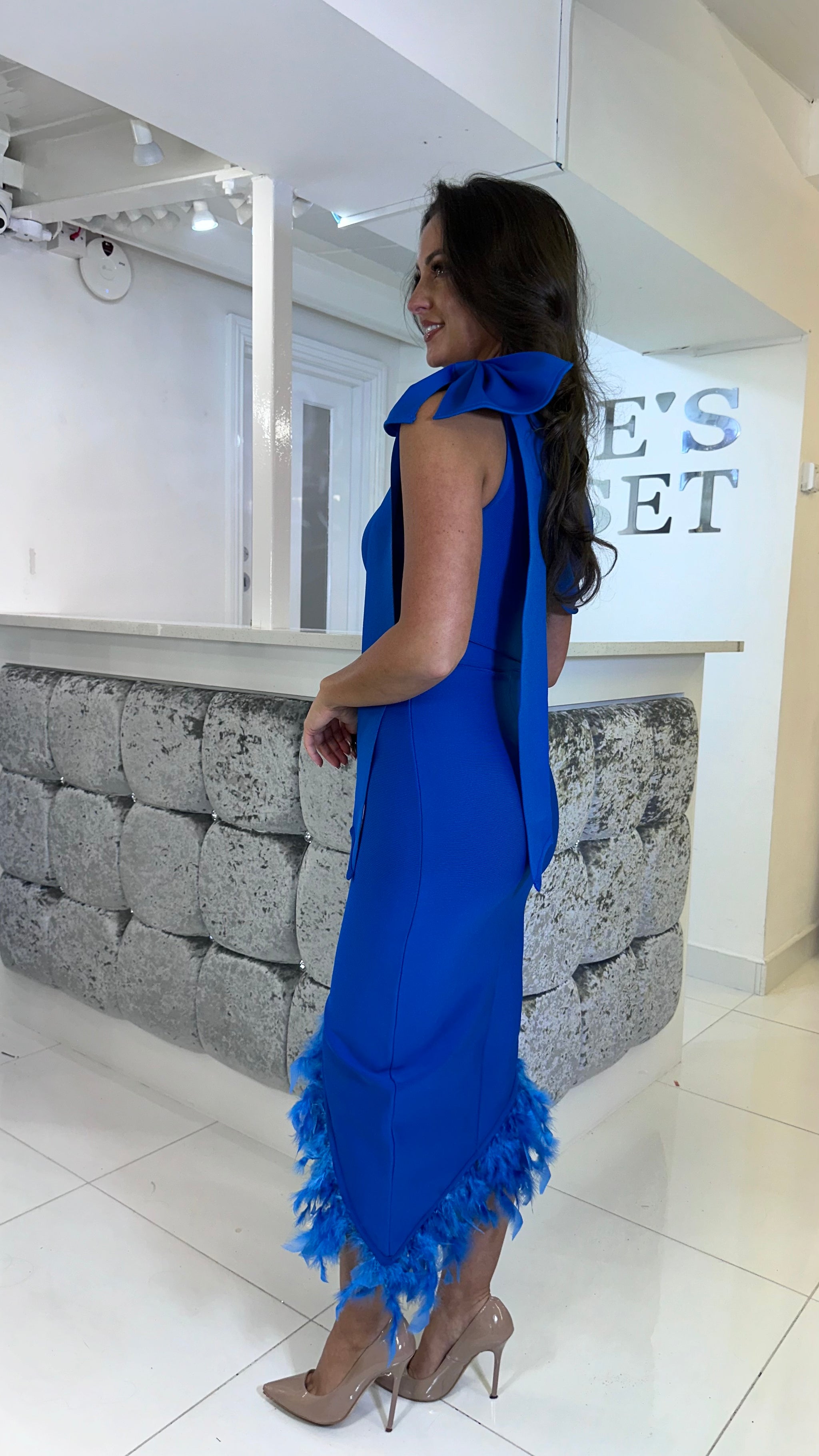 cobalt blue feather dress Cobalt Blue Bow Shoulder Feather Hem Bandage Dress – Kirsty's Kloset