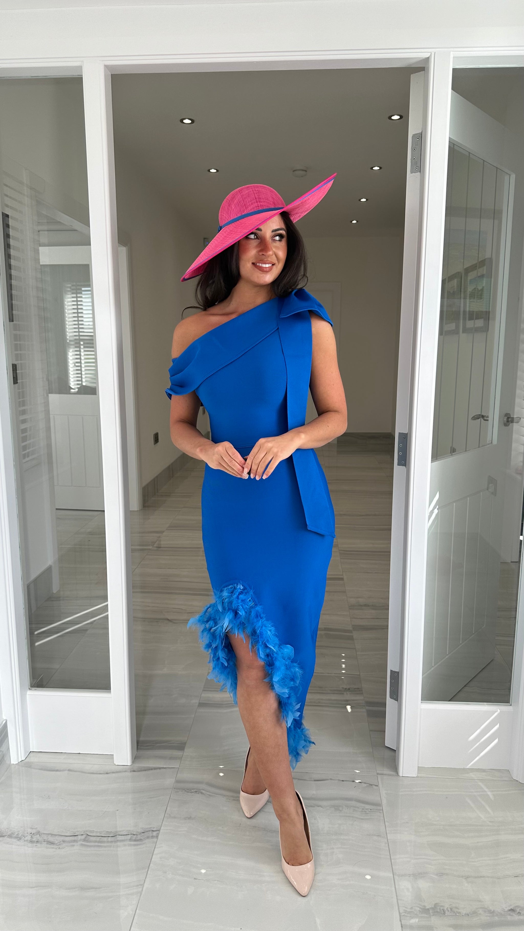 Cobalt Blue Bow Shoulder Feather Hem Bandage Dress – Kirsty's Kloset