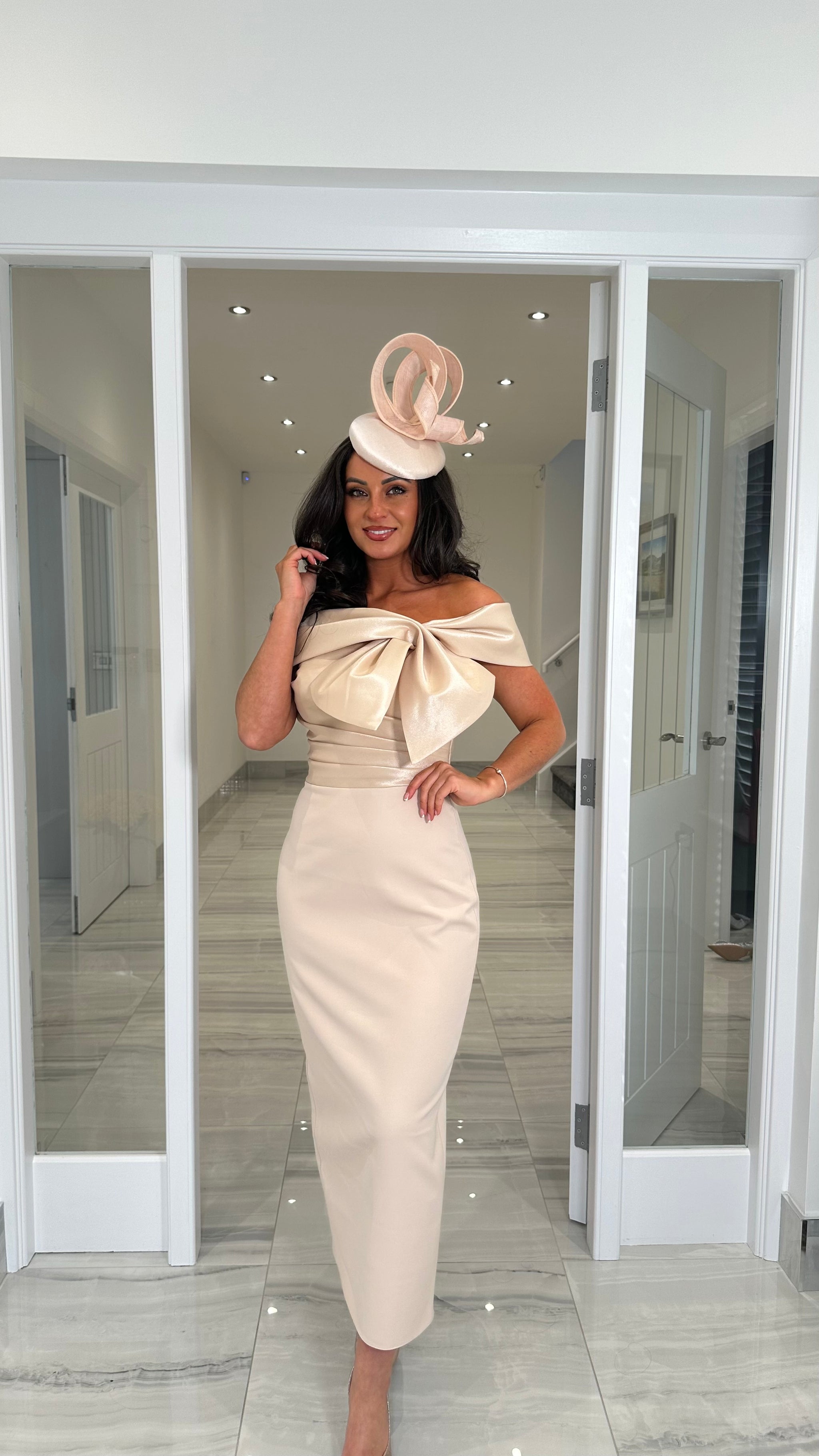 Premium Champagne Bow Front Midi Dress – Kirsty's Kloset