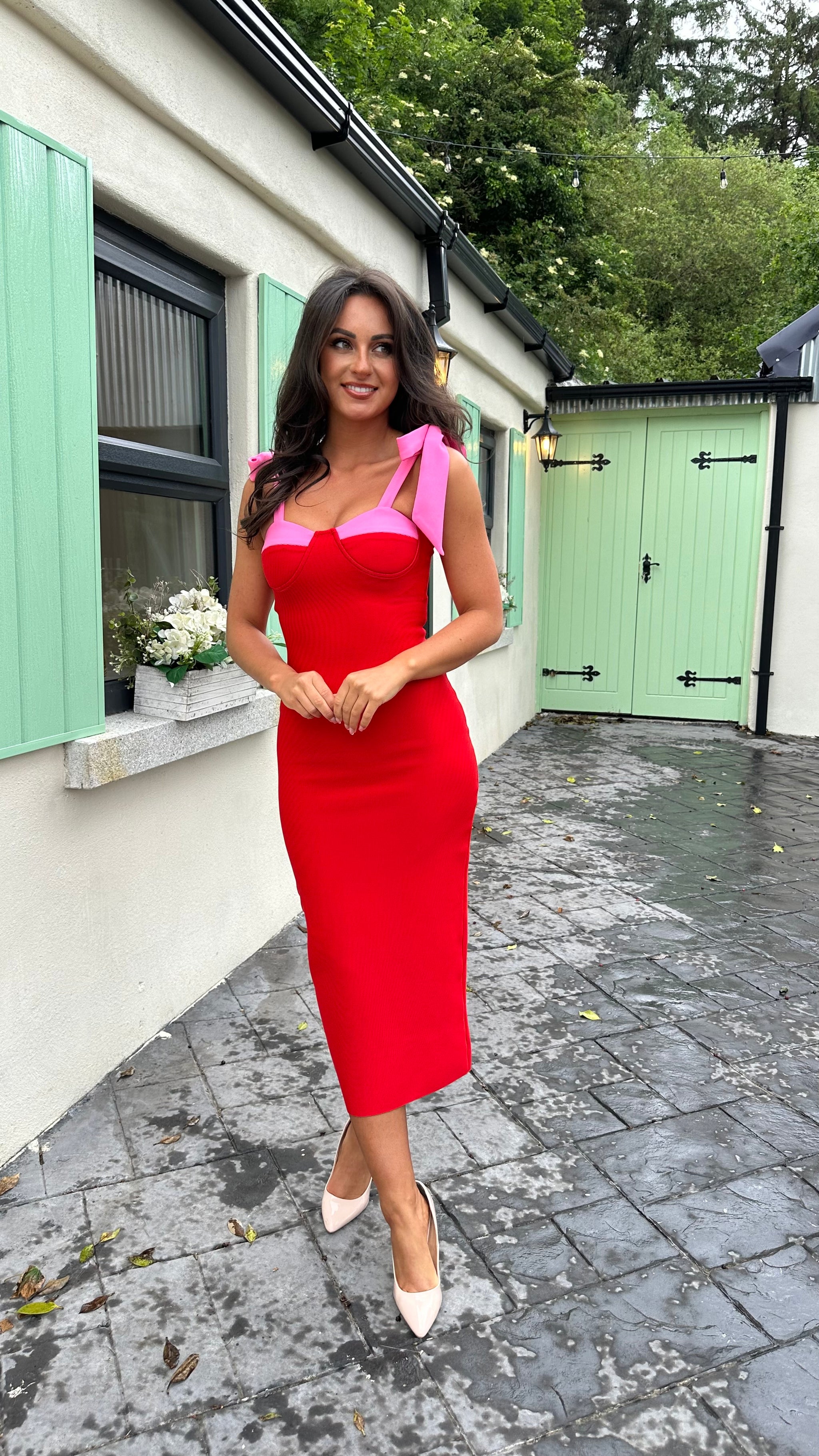 Red and Pink Bow Shoulder Contrast Bandage Dress Kirsty's Kloset Red and Pink Bow Shoulder Contrast Bandage Dress Kirsty's Kloset