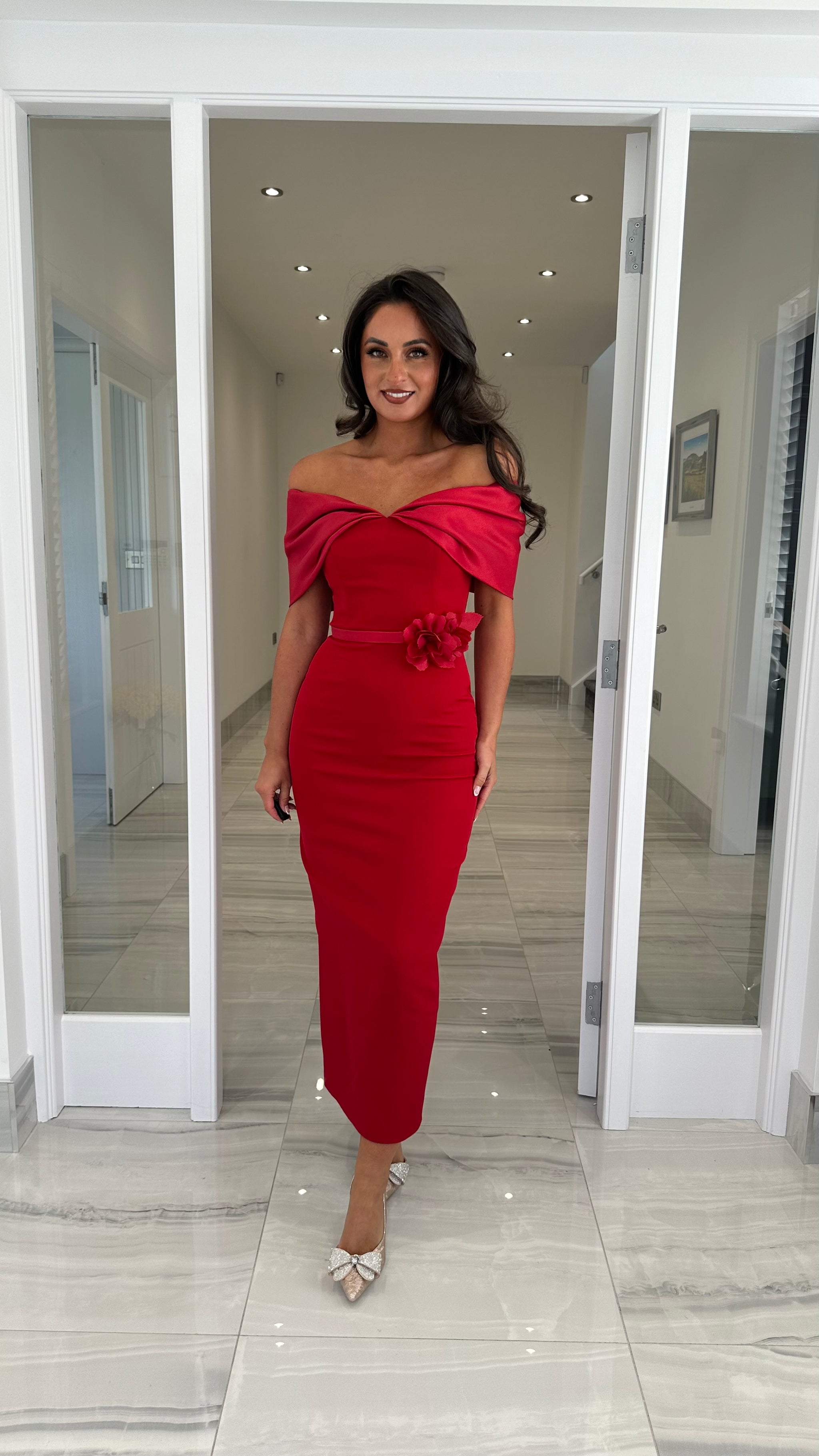 red bardot midi dress Premium Red Bardot Midi Dress – Kirsty's Kloset