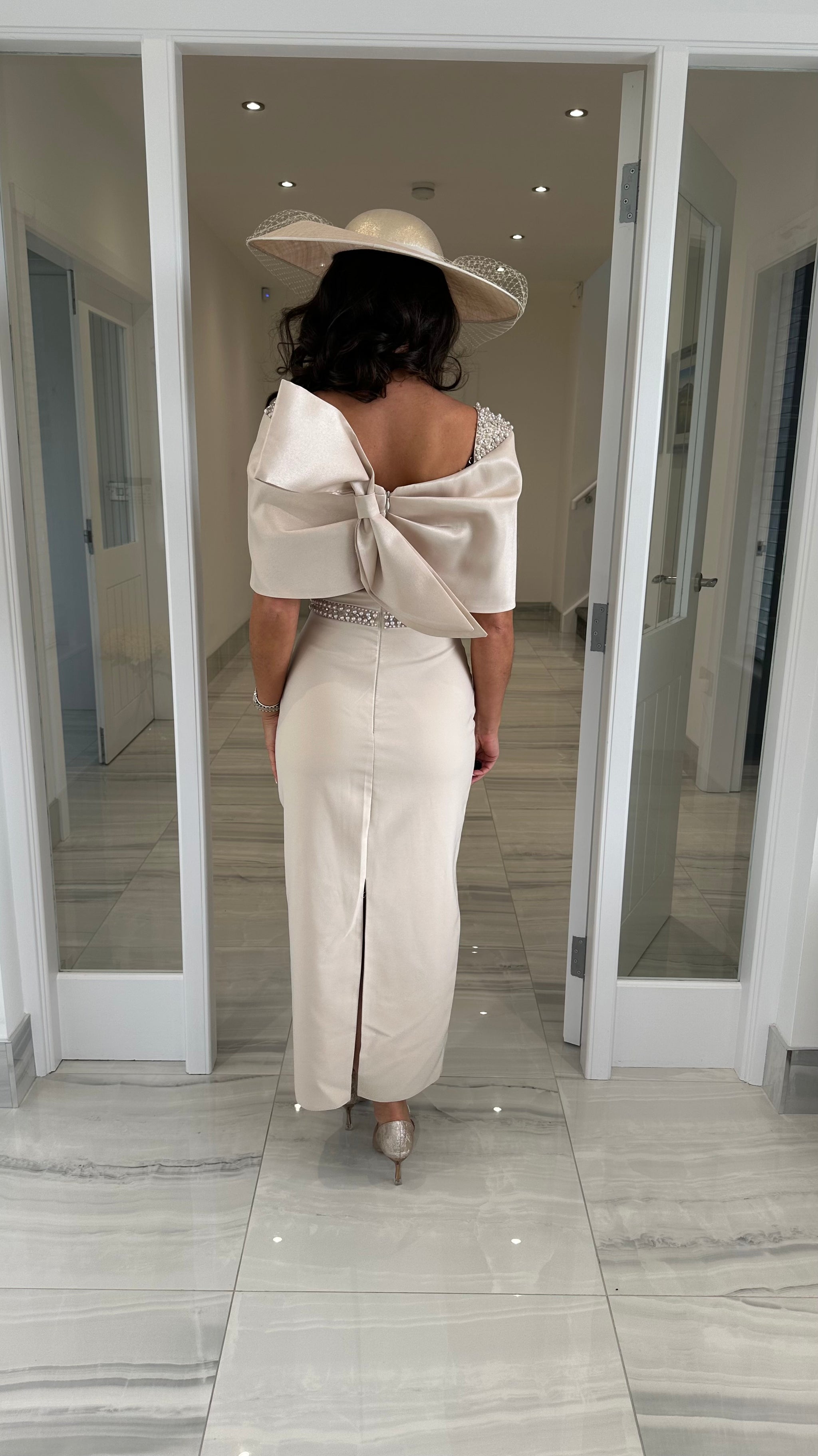 Premium Champagne Overlay Dress with Bow back  Kirsty's Kloset