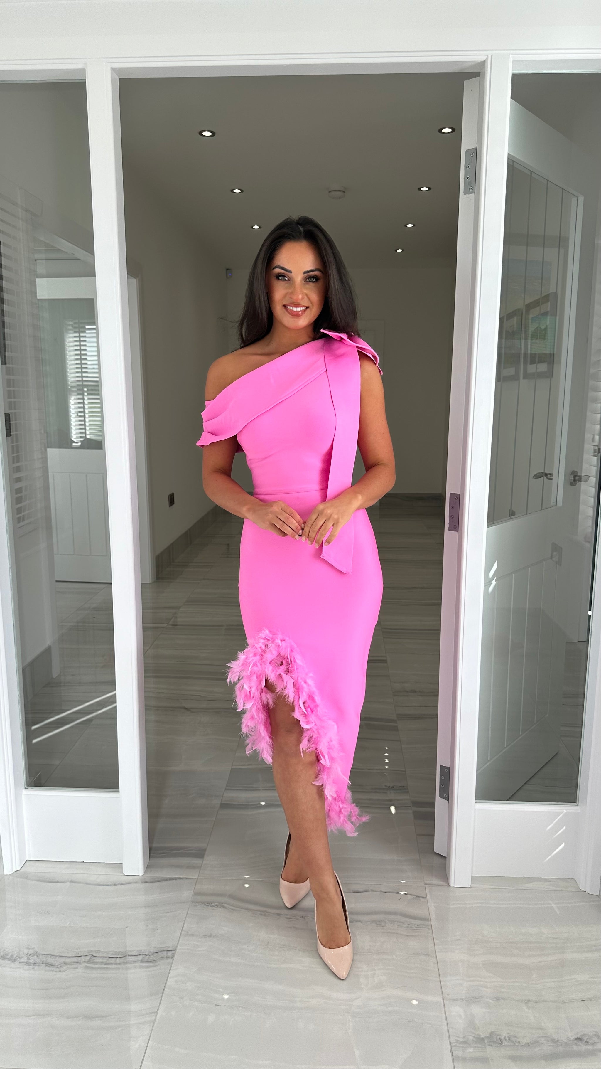 Candy Pink Bow Shoulder Feather Hem Bandage Dress – Kirsty's Kloset Candy Pink Bow Shoulder Feather Hem Bandage Dress – Kirsty's Kloset