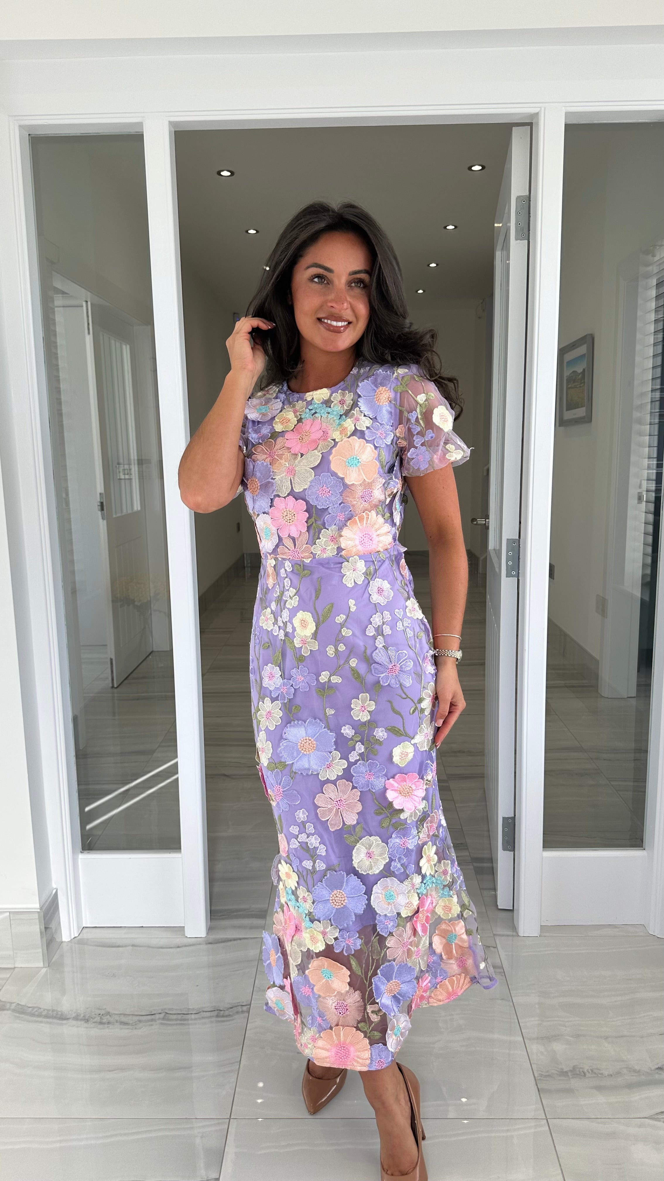 Flower Dress Floral Long Dresses For Wedding Lilac Floral Midi Dress With 3D Floral Kirsty's Kloset Flower Dress Floral Long Dresses For Wedding Lilac Floral Midi Dress With 3D Floral Kirsty's Kloset
