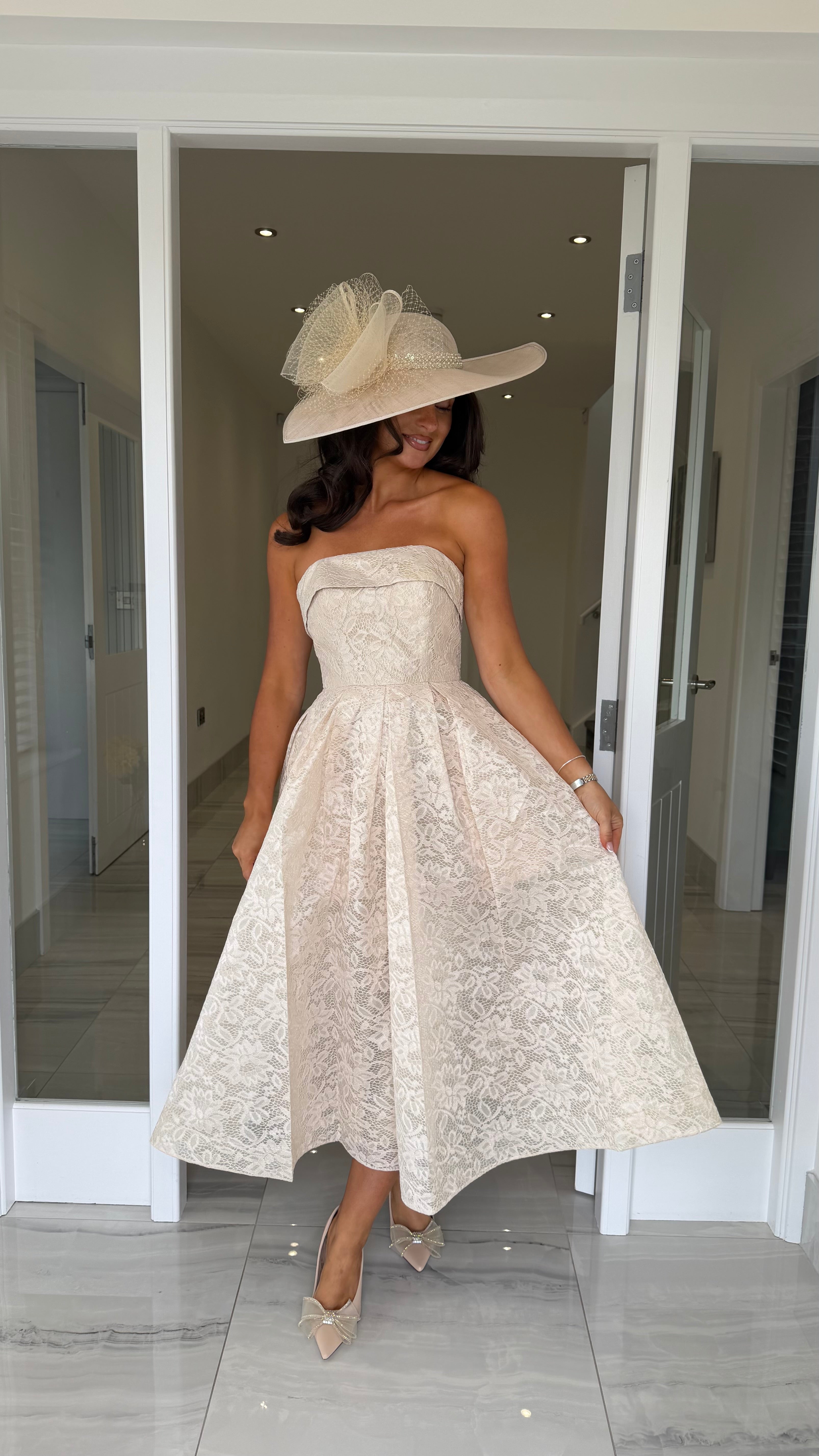 Champagne Strapless Lace Detail Skater Dress