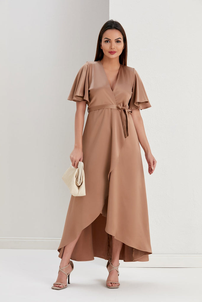 Tessa Satin Wrap Midi Dress in Gold - jqwholesale.com