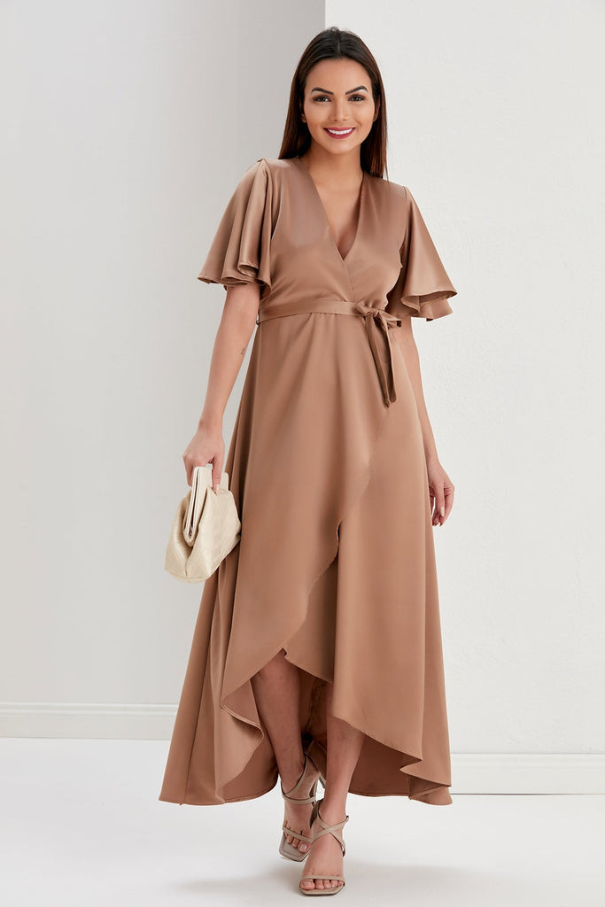 Tessa Satin Wrap Midi Dress in Gold - jqwholesale.com