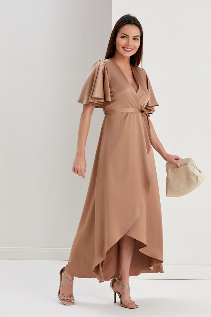 Tessa Satin Wrap Midi Dress in Gold - jqwholesale.com