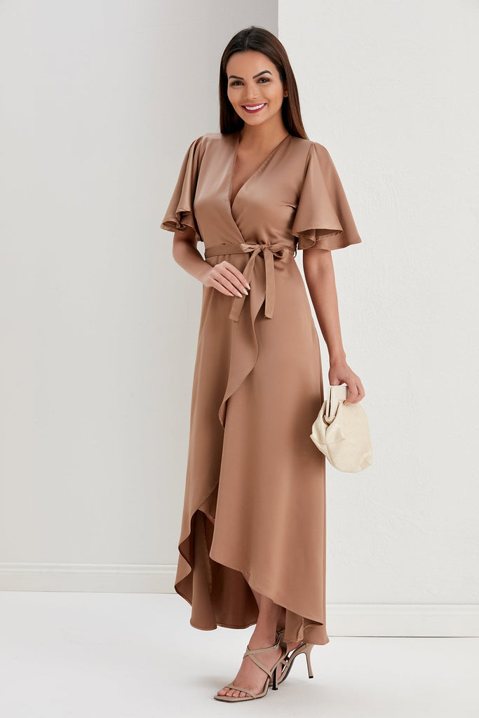 Tessa Satin Wrap Midi Dress in Gold - jqwholesale.com