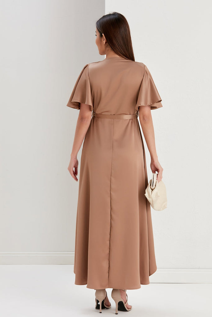 Tessa Satin Wrap Midi Dress in Gold - jqwholesale.com