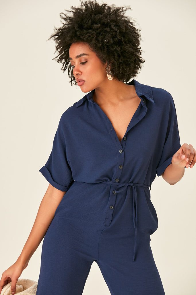 Shirt Jumpsuit in Navy (PRE-ORDER) - jqwholesale.com