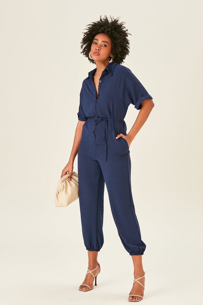 Shirt Jumpsuit in Navy (PRE-ORDER) - jqwholesale.com