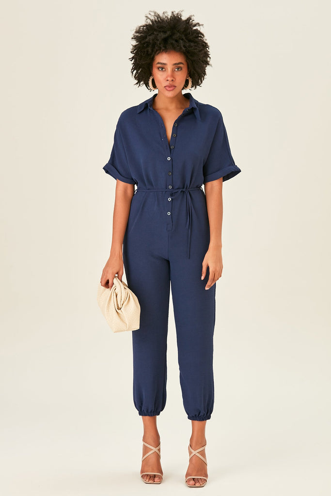 Shirt Jumpsuit in Navy (PRE-ORDER) - jqwholesale.com