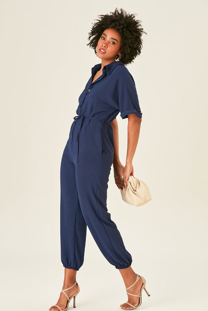 Shirt Jumpsuit in Navy (PRE-ORDER) - jqwholesale.com