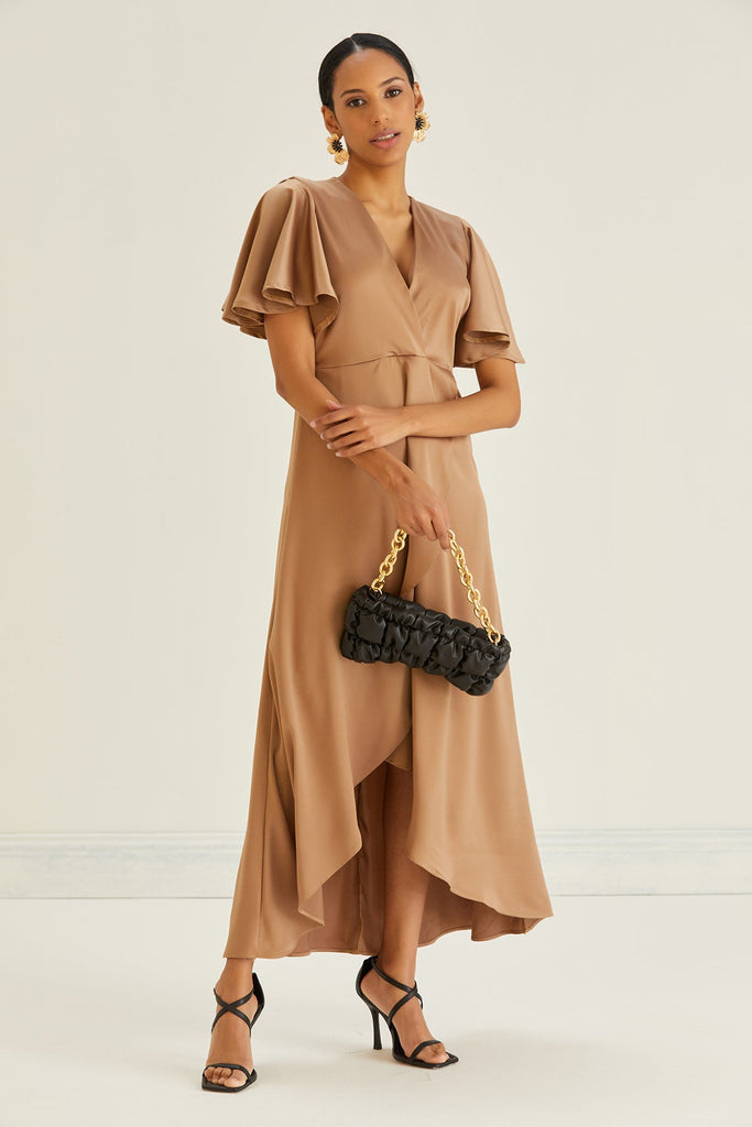 Tessa Satin Wrap Midi Dress in Gold - jqwholesale.com