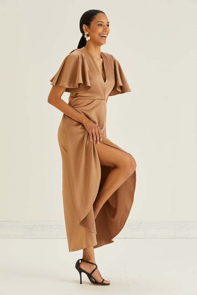 Tessa Satin Wrap Midi Dress in Gold - jqwholesale.com