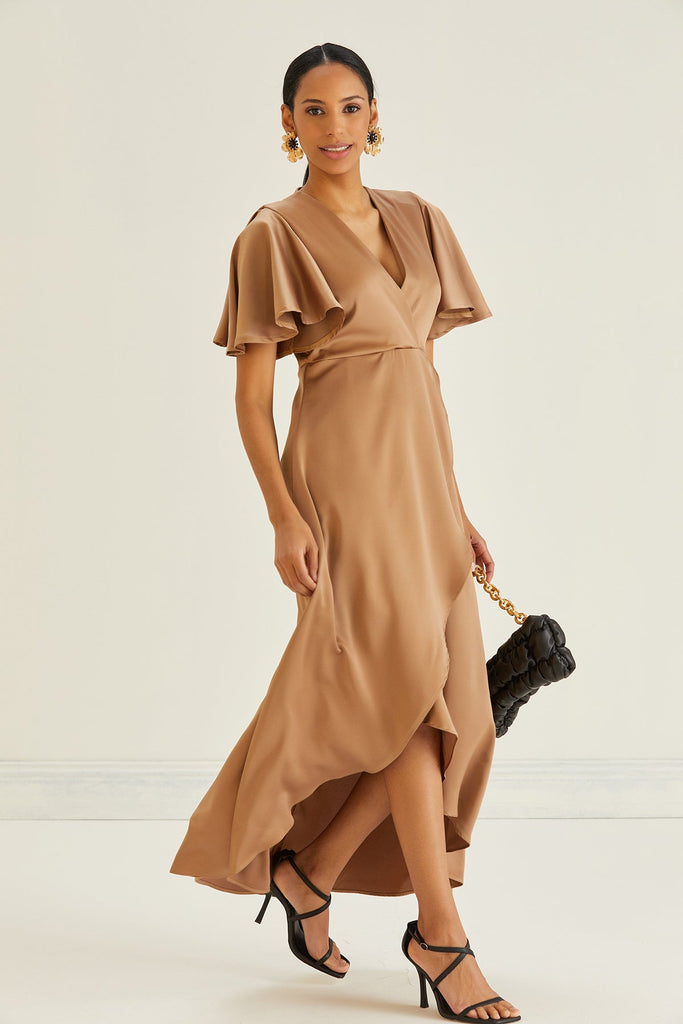 Tessa Satin Wrap Midi Dress in Gold - jqwholesale.com