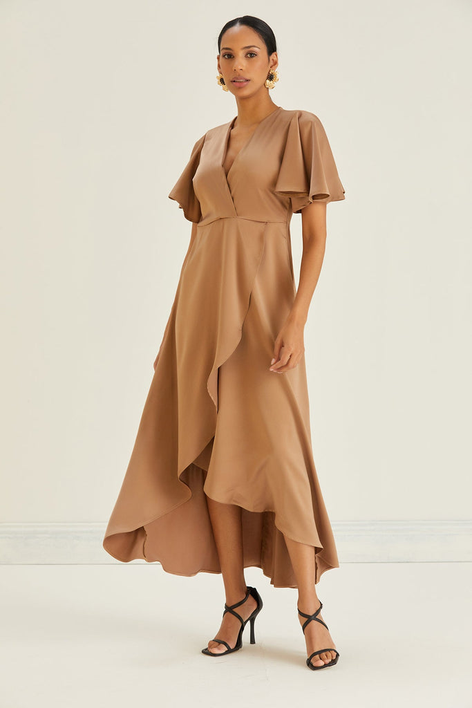 Tessa Satin Wrap Midi Dress in Gold - jqwholesale.com